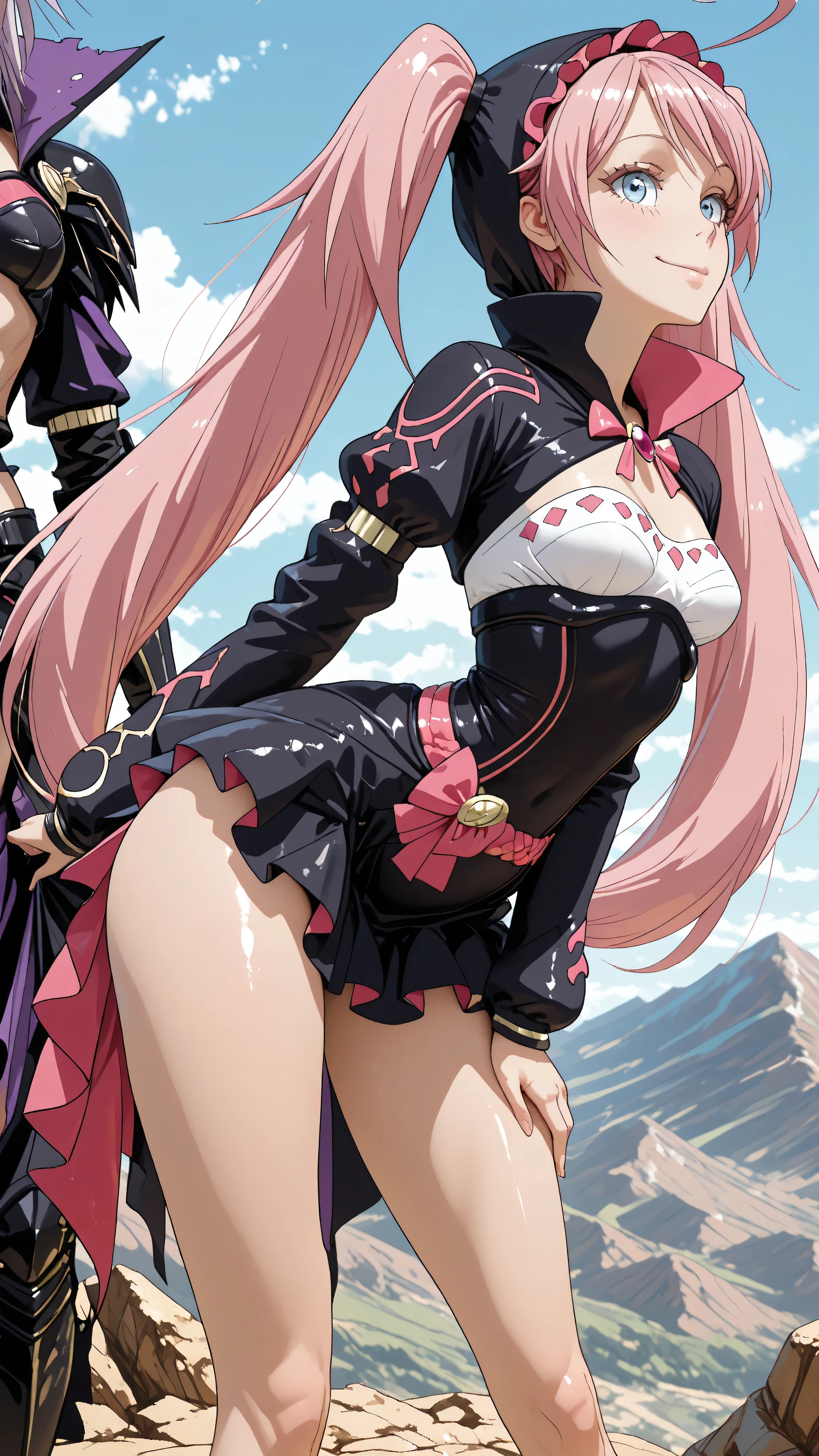 anime style. masterpiece. Higher quality. Alone, Milim Nava of Tensura.  and  nymphomaniac Lolita. piel clara. long pink hair. high side ponytails. best quality pink hair. blue eyes, thin and thin eyelashes. ((( Small . caderas anchas, wide legs and thighs. ))) . ((( Bloodfallen Shalltear costume dress.))) . Pose sensual, arched back, LEANING FORWARD. flirty hands.  expression and  smile. standing on the top of a mountain. alone. only her.