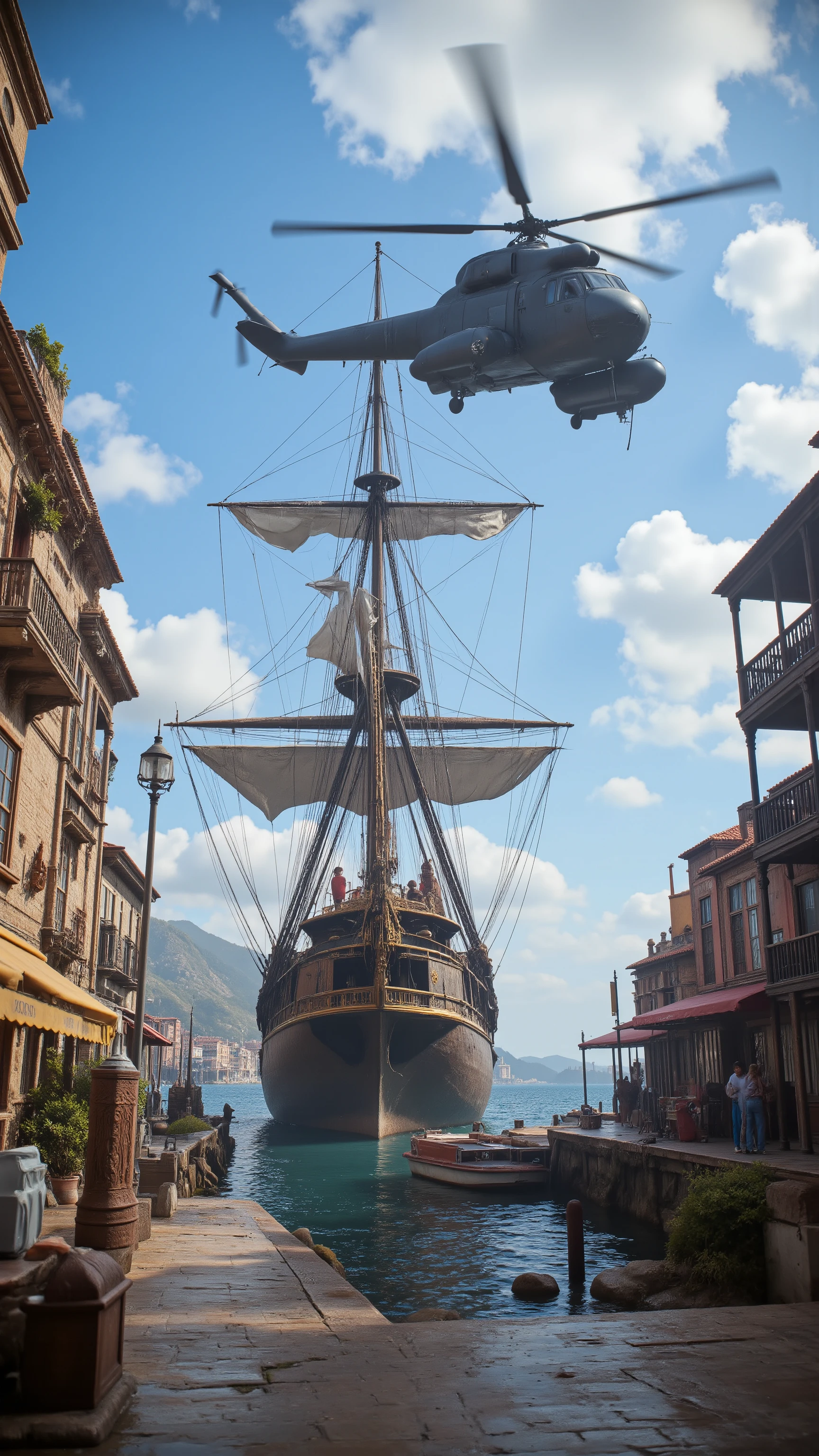 high-definition images、17世紀のスペインの港、A sailing ship from the Age of Discovery is in the harbor、a UH-60 that has traveled back in time flies over the sky