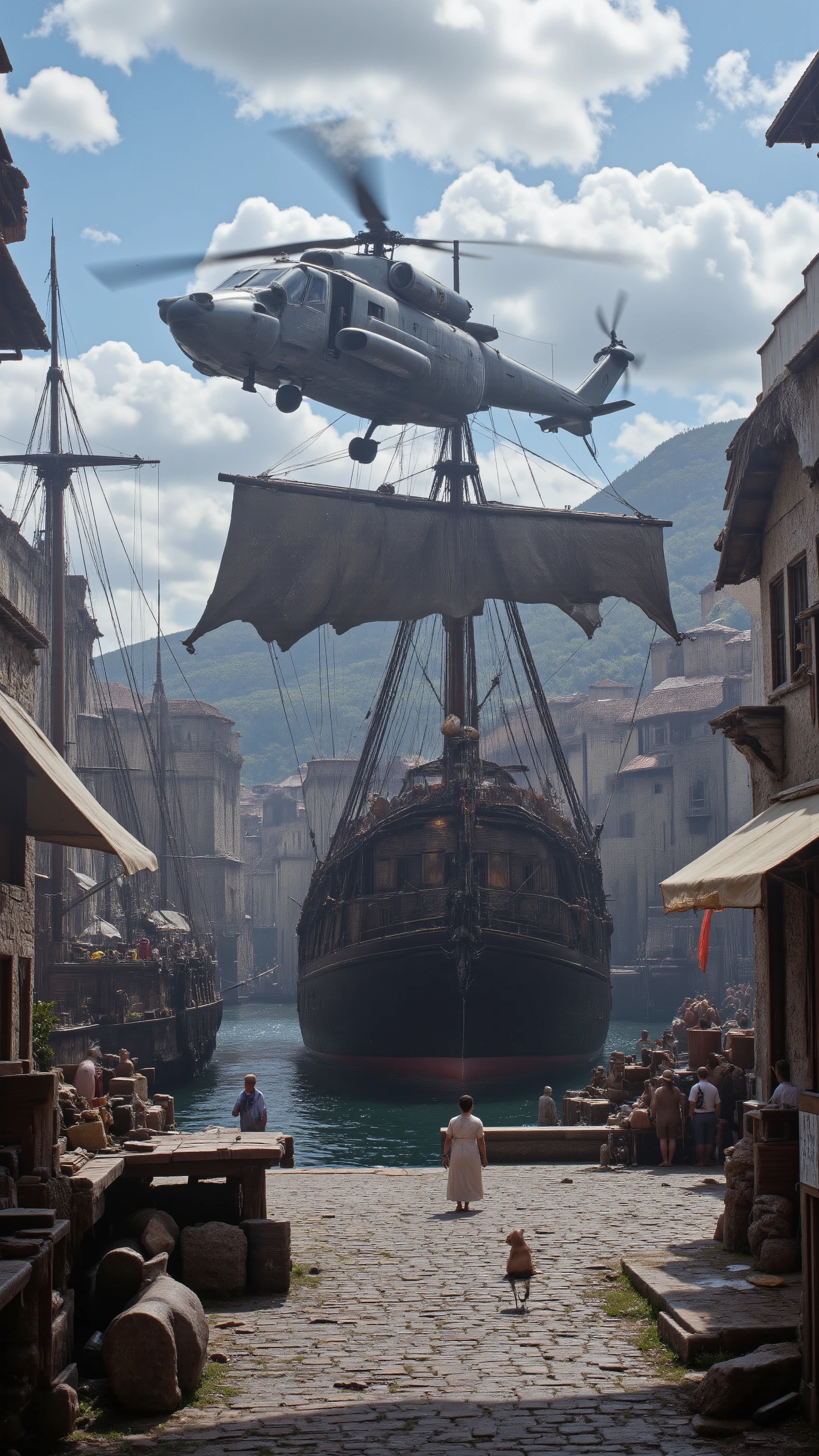 high-definition images、17th-century Spanish harbor、is home to many sailing ships、a UH-60 that has traveled back in time flies over the sky