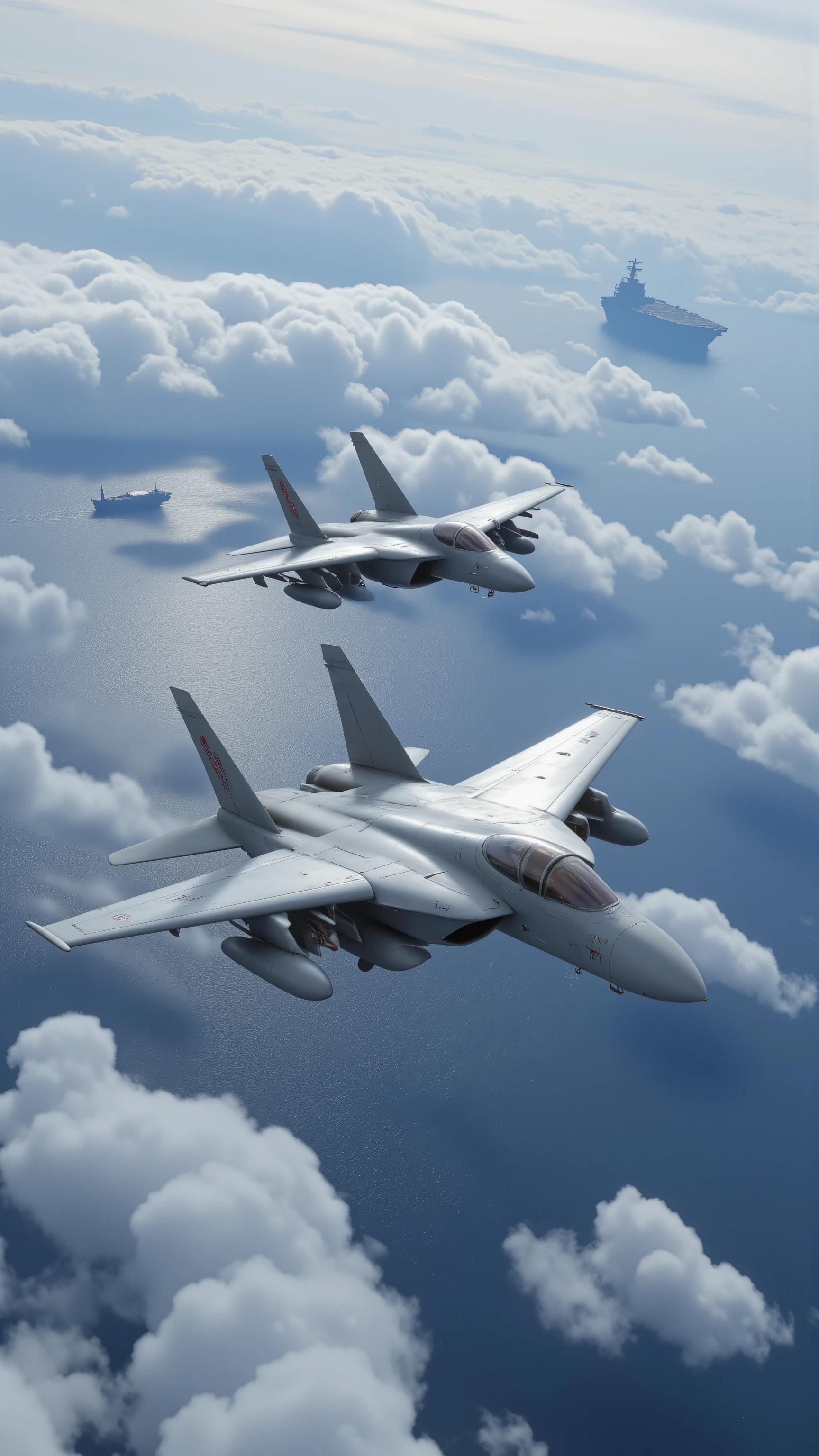 
高精細な映像で、空を飛ぶF-14、2機の編隊で飛行、海上には航空母艦の姿が見ることができます