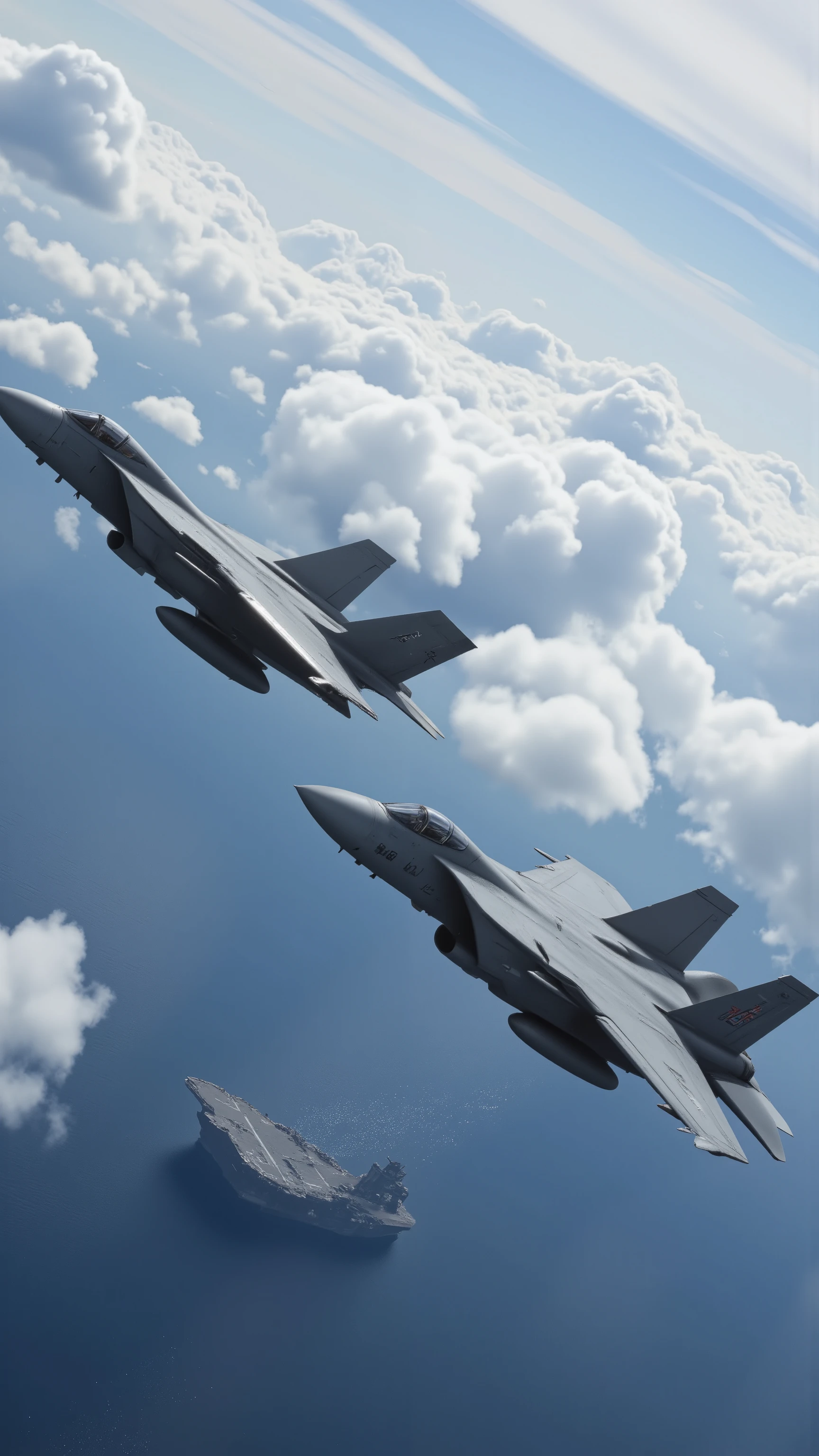 
高精細な映像で、空を飛ぶF-14、2機の編隊で飛行、海上には航空母艦の姿が見ることができます