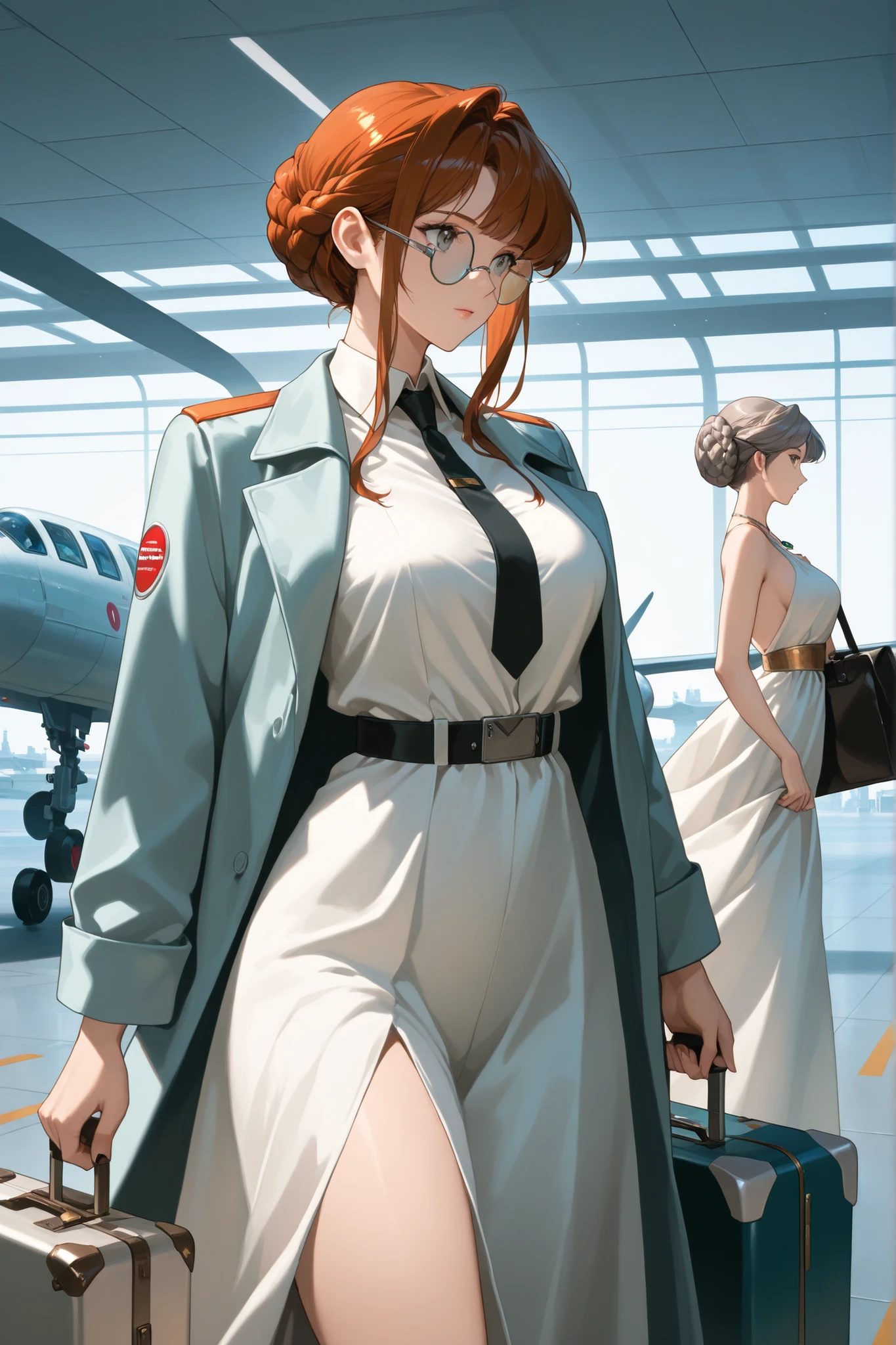 Masterpiece, beautiful woman, Greek Goddess, bright_grey_eyes, circular glasses, retro futuristic clothing, women’s dress and overcoat, black necktie, auburn hair, braided bun hairstyle, grey_eyes, \(medusa_head_pendant\), carrying suitcase, retro futuristic aircraft and airport, windy