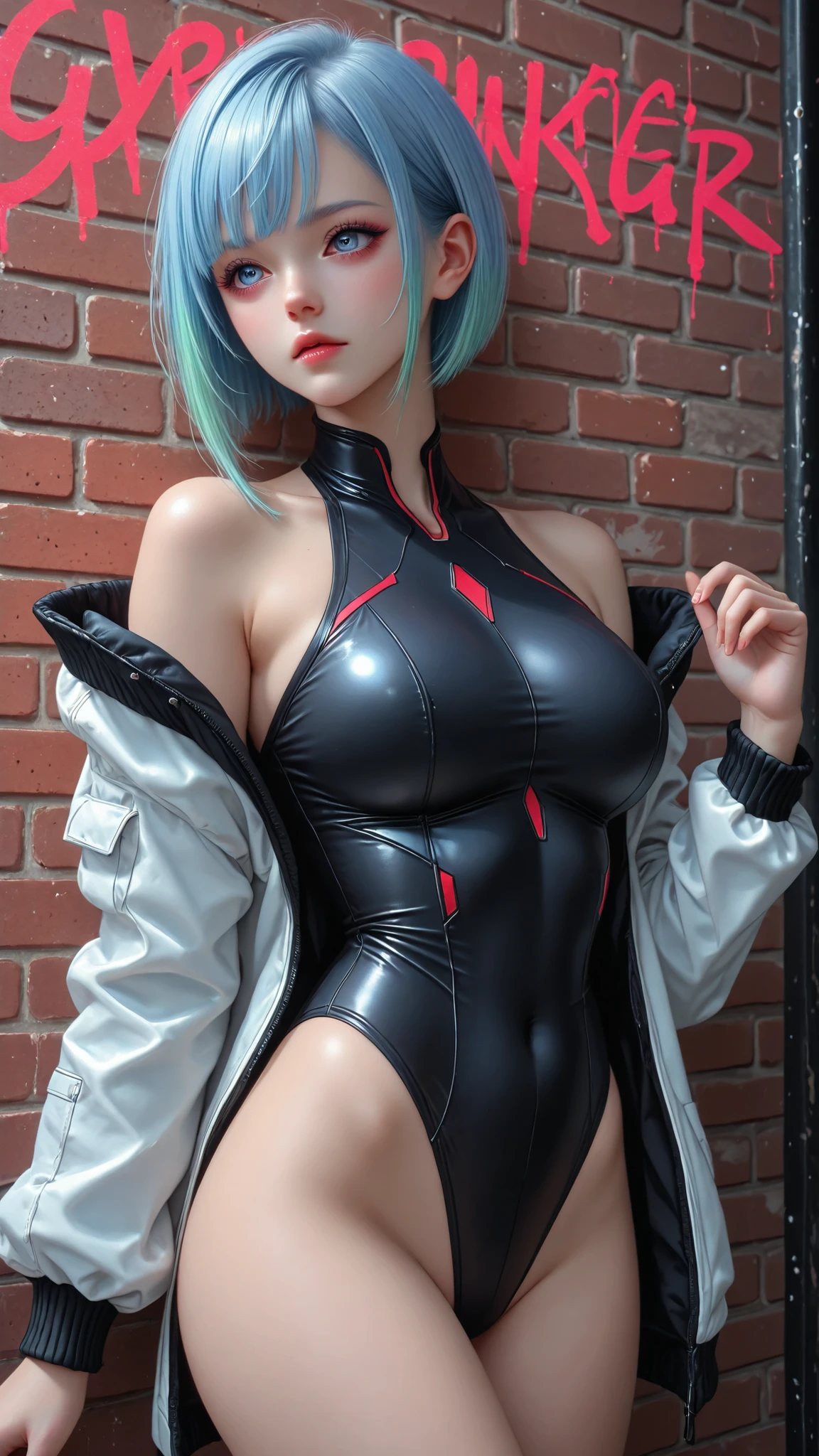 lucy, short hair, bangs, blue eyes, blue hair, multicolored hair, makeup, multicolored eyes, large breasts,,bare hips, bodysuit, jacket, leotard, monowire, off shoulder, off-shoulder jacket, open clothes, open jacket, skindentation,
, a brick wall with red graffiti at background ,phonenr