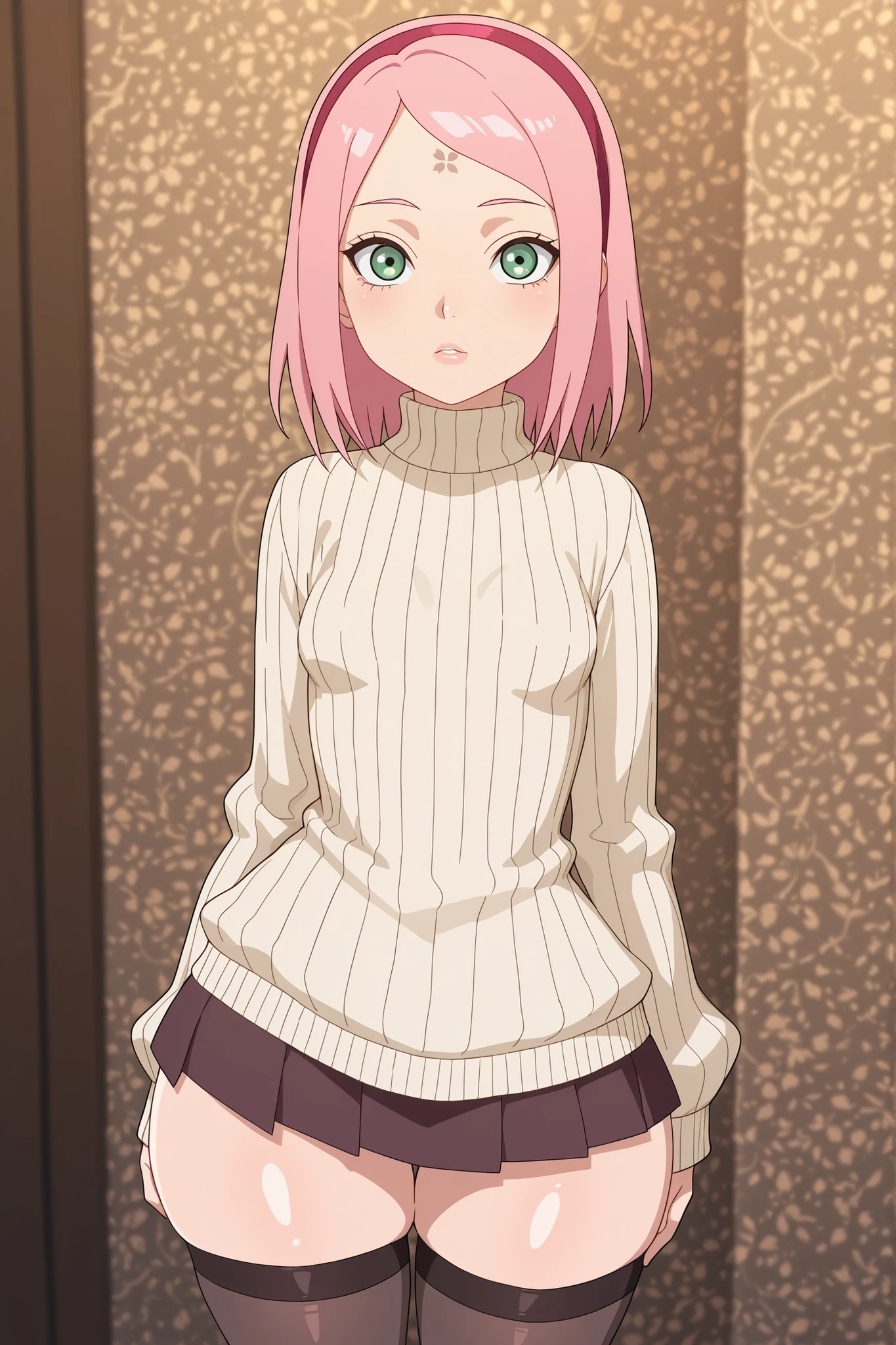 Sakura Haruno. small breasts, huge hips, pink hair, medium hair, light green eyes, thin lips, very fair skin, big forehead. | live-action,When a beautiful Japanese woman tore the wallpaper, a beautiful scenery spreads out, sweater, skirt, stockings