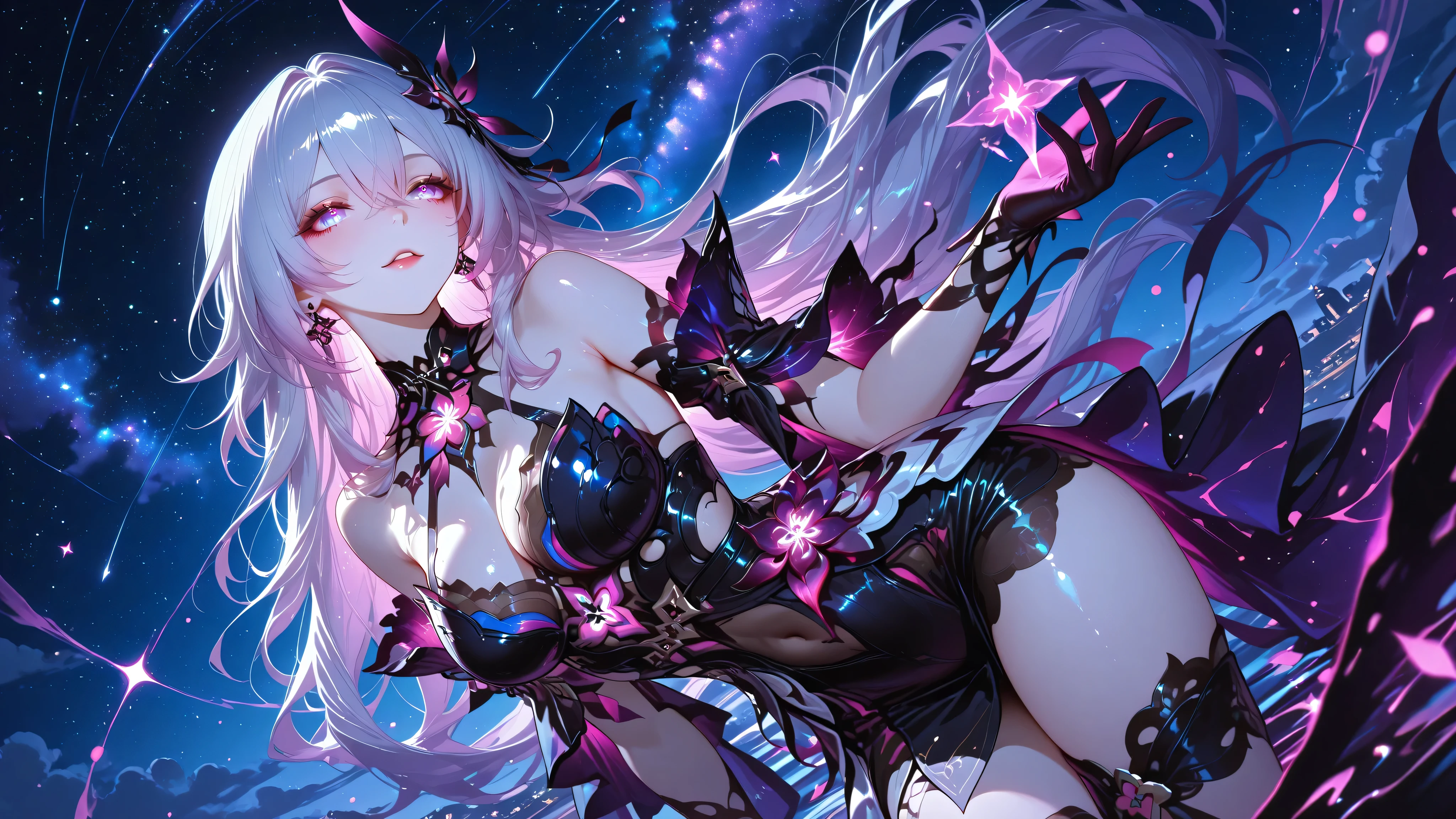 herscher of corruption, honkai star rail, glow, shine, dynamic angle, night, stars, whimsical, glossy, aesthetic, artistic, cinematic, dreamy, dynamic pose, foreshirtening