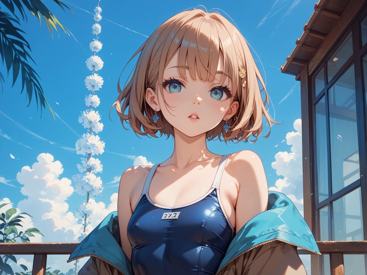 (((Masterpiece)), (((Highest Quality)), (((Very delicate and beautiful)), (Highly detailed CG Unity 8K wallpaper: 1.3), Very delicate light, (Backlight), (Steampunk),

/=、
(Cowboy Body)), (1 : 1.3), Solo, (Petite), (Small), Neon Pink Sunglasses, , High Waist Shorts, White Hair, Blue Eyes, Earrings, (Wavy Curly Short Hair), (Ahoge), (Cute Face: 1.114), (Fine Eyes: 1.15), (Cute Face: 1.114)
, (beautiful fine eyes and beautiful face: 1.15),
The girl is smiling and looks happy in a beautiful tropical landscape. Behind her, the sun is setting, casting a warm glow on the scene, creating a dreamy atmosphere. In the distance, palm trees sway in the breeze, creating a leisurely retro atmosphere, such as sand, sun, beach, sea, horizon, etc.

Highly detailed ray tracing
