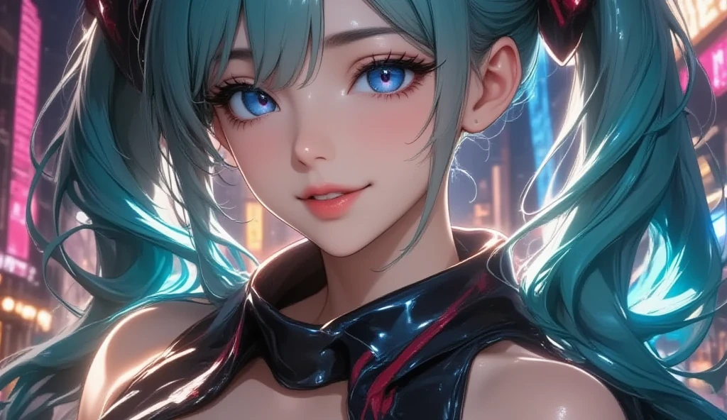 (Highest quality, High resolution, masterpiece:1.2), Very detailed, Realistic:1.37, (Perfect ),1 girl,,Cute Japanese Girl,18-year-old,(Transforming into a super heroine robot),Super cute face,Beautiful Skin,Glowing Skin,Beautiful Eyes,((Laughter)),(Futuristic glossy super tight fitting translucent holographic super heroine plug suit:1.2),Detailed costumes,,cyber necklace,Light blue hair,Twin tails,Idol Makeup,(My body is enveloped in light:1.3),Active Pause