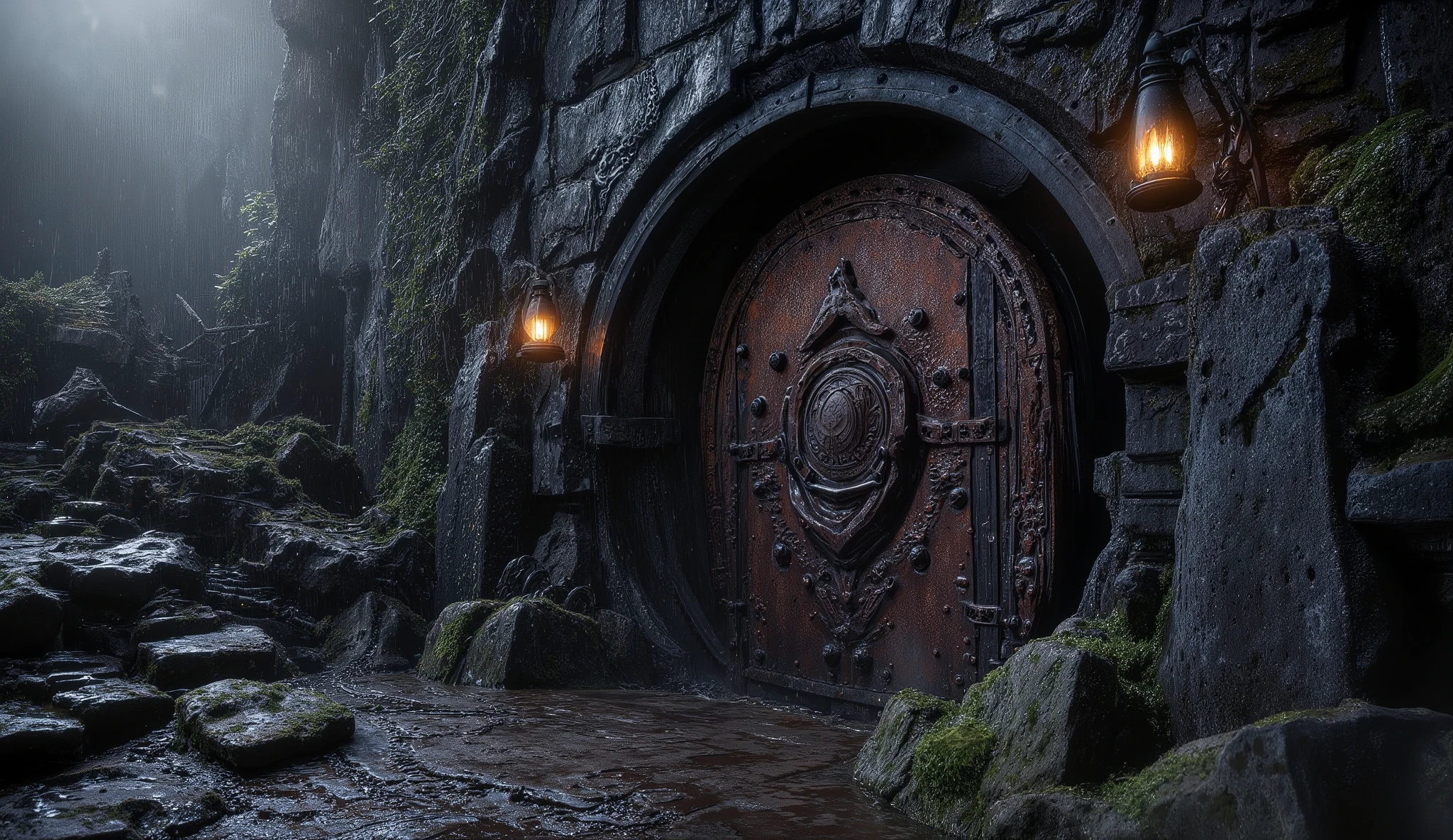 "Hidden entrance to the true Crowley mine, carved low into a basalt outcrop beneath Redstone’s necropolis, half-buried by slag and thorny scrub; a rusted iron hatch with riveted seams sits behind broken headstones and a collapsed funerary wall, camouflaged with soot and lichen. Dim gas lanterns spill slivers of amber light across wet stone as cold fog weaves through iron railings. Rain beads on corroded chains and a padlock embossed with a worn crow sigil. Low-key lighting, narrow 35mm close shot from knee height, shallow depth of field, hyper-real textures of iron, mud, and moss, cinematic tension and absolute sharpness."