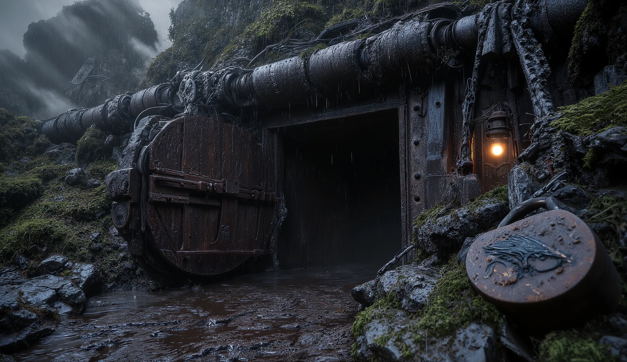 "Hidden entrance to the true Crowley mine, carved low into a basalt outcrop beneath Redstone’s necropolis, half-buried by slag and thorny scrub; a rusted iron hatch with riveted seams sits behind broken headstones and a collapsed funerary wall, camouflaged with soot and lichen. Dim gas lanterns spill slivers of amber light across wet stone as cold fog weaves through iron railings. Rain beads on corroded chains and a padlock embossed with a worn crow sigil. Low-key lighting, narrow 35mm close shot from knee height, shallow depth of field, hyper-real textures of iron, mud, and moss, cinematic tension and absolute sharpness."