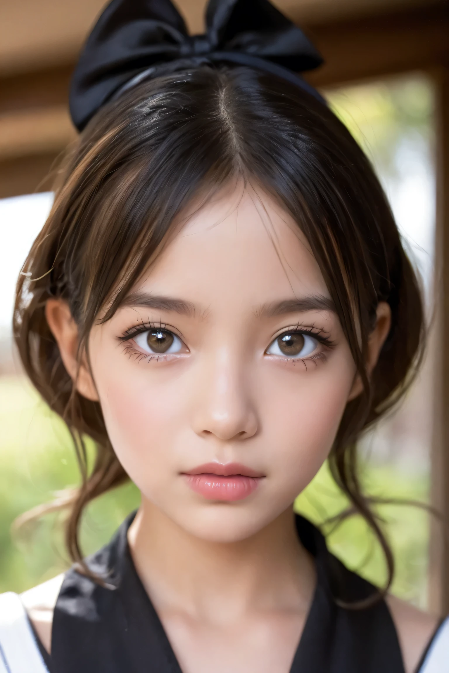 {masterpiece}, {Highest Quality}, { in fine detail}, {high definition}, {beautiful detailed eyes:double big eyes:mascara: teardrop bags:long eyelashes}}, {natural lips}, {girls:18 years old}}, {Exquisite and beautiful face, eyes and skin }, {Original photo, Young face, cute}, {thin body}, {{{quick bangs:princess cut}}, {high school girl who dislikes H}, {by train}, black gothic lolita