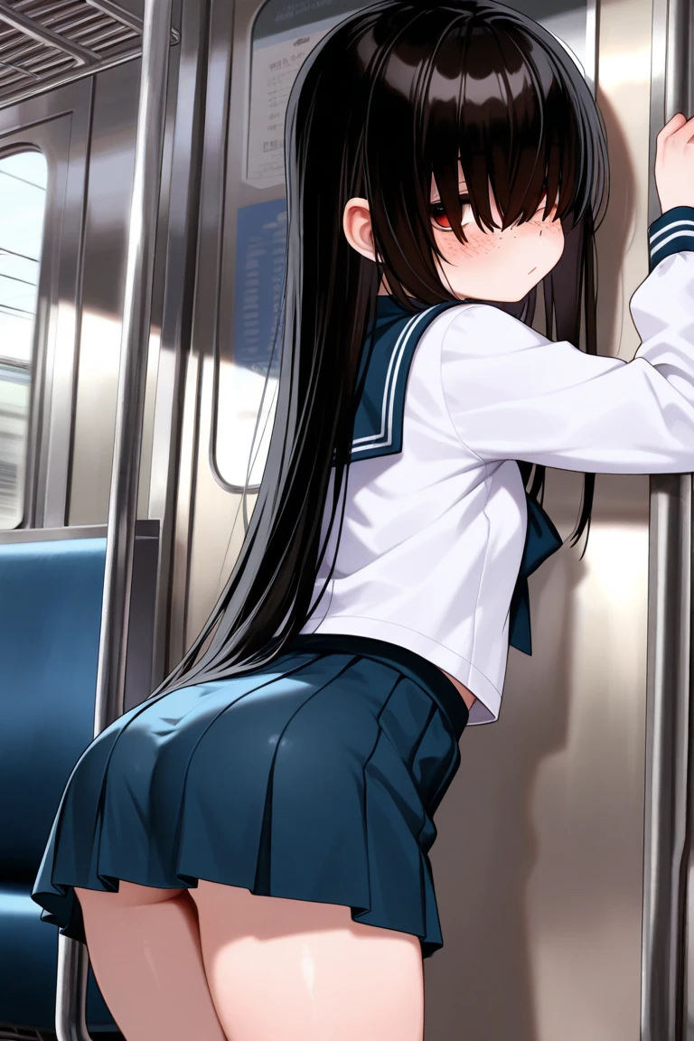 superfine illustration, Perfect , Best Quality, Hires, amazing shading, Beautiful skin, 1 little girl, School Uniforms , Full body,、On the train、((POV )), (from above POV)、Looking back:1.8、nose blush、Eyes half closed、Drooling、AHE Face:1.2、juicy crotch、Shift your pants
