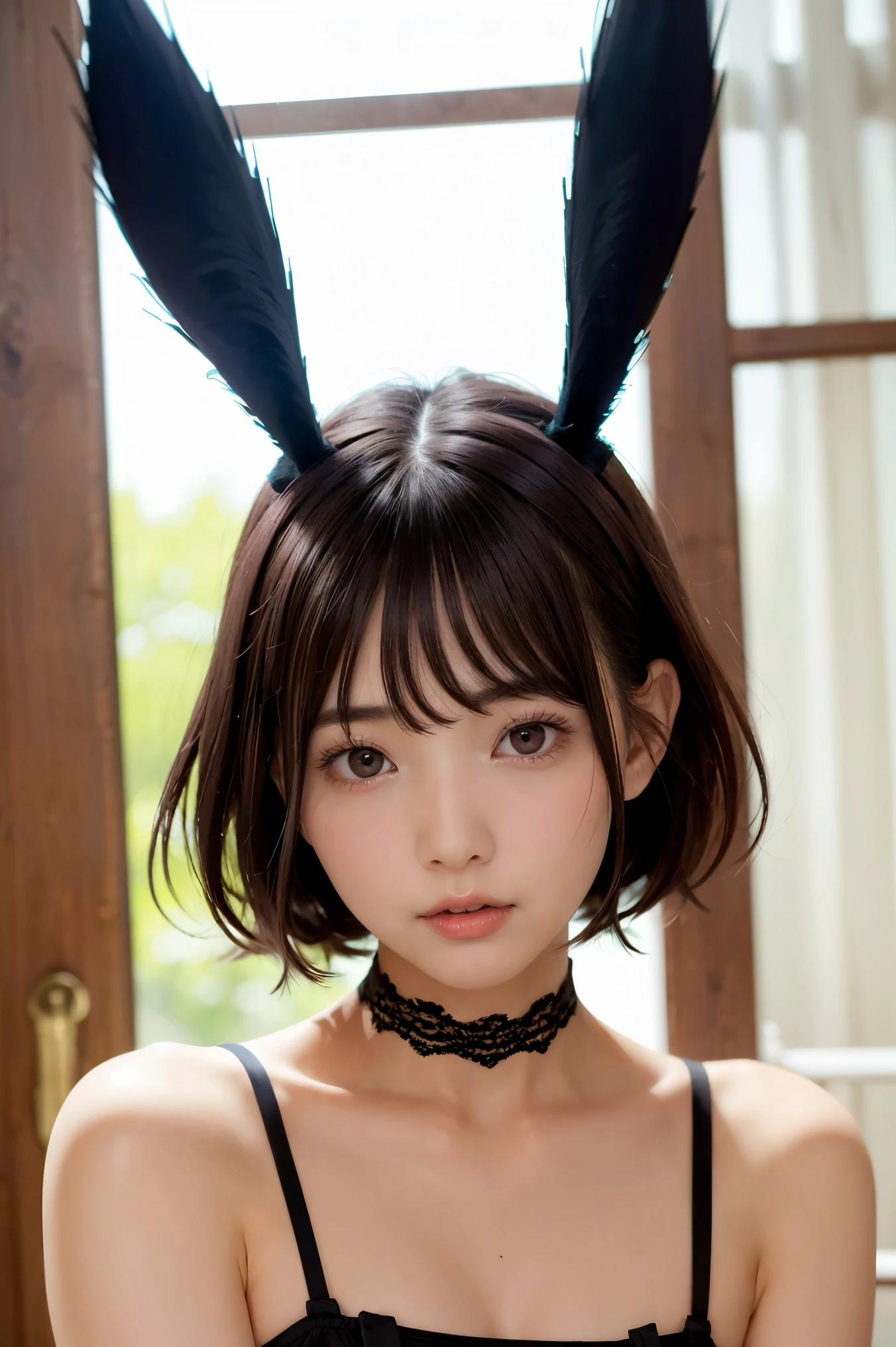 (masterpiece), (8k、Original Work 、High Quality:1.2),(realistic:1.37,(perfect anatomy),face close-up:1.6、Please give me a larger picture of my face:1.6、masterpiece, 最High Quality, contrast:1.2)、( dark hair、Dark Eyes:1.8)、(face close-up:1.6)、(portrait)、Slim Japanese Women,黒い髪, short dress with cutouts, straps, lace choker, slender body, charming, slender and athletic model , cute young girl, big eyes、Double eyelids、Please look at this、 cute, detail dress with red eyes, silk fabric , Little skinny girl, beautiful teen model , short hair