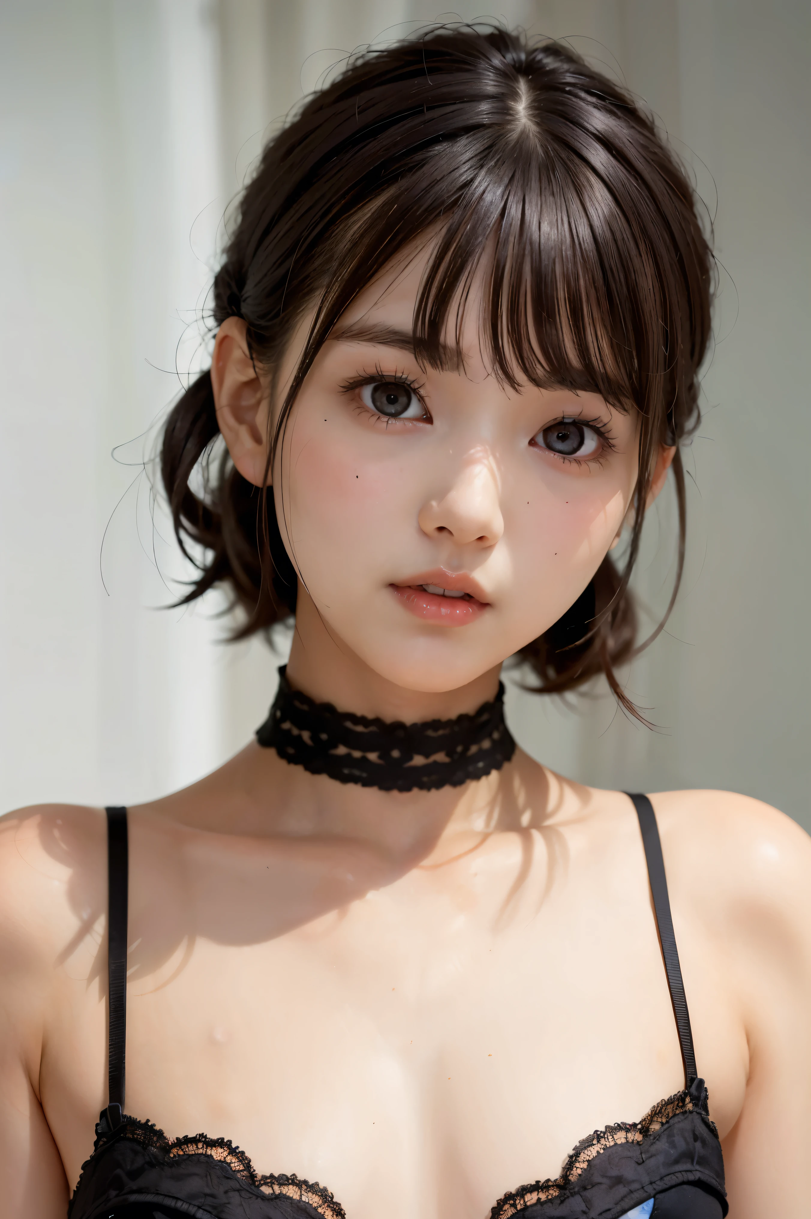 (masterpiece), (8k、Original Work 、High Quality:1.2),(realistic:1.37,(perfect anatomy),face close-up:1.6、Please give me a larger picture of my face:1.6、masterpiece, 最High Quality, contrast:1.2)、( dark hair、Dark Eyes:1.8)、(face close-up:1.6)、(portrait)、Slim Japanese Women,黒い髪, short dress with cutouts, straps, lace choker, slender body, charming, slender and athletic model , cute young girl, big eyes、Double eyelids、Please look at this、 cute, detail dress with red eyes, silk fabric , Little skinny girl, beautiful teen model , short hair