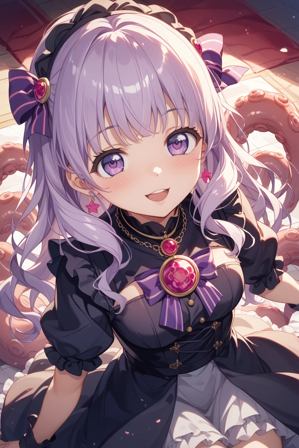 IncrsGift,
incoming gift,beautiful, (masterpiece:1.2), (Highest quality:1.2), Perfect Eyes, Perfect Face, Perfect lighting,One girl, Oily skin,masterpiece, Highest quality, High resolution, (Salome), Drill Hair, Parted bangs, hair band, ribbon, Purple eyes, Large , tattoo, ((Red tight dress made of cupra material)),,Long sleeve,  shoulders, Black gloves, Cowboy Shot,Open your mouth,((headset)),Constricted eyes,),
