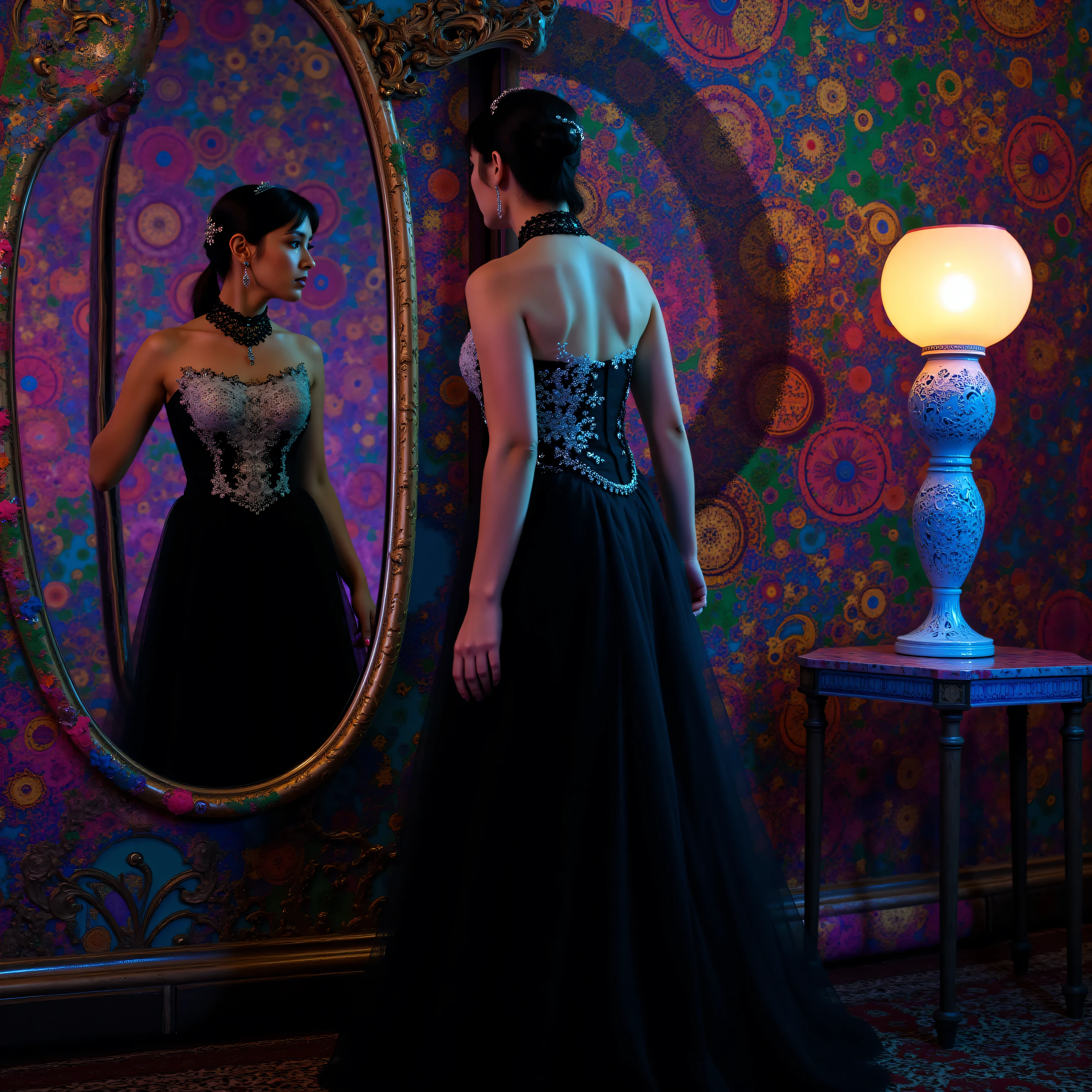 Ultra-realistic. A woman stands before an ornate oval mirror in a fantastical room alive with vivid colors and intricate patterns. Her attire is elegantly gothic, featuring a flowing black dress adorned with an intricate silver embroidery around the bodice, complementing a delicate tiara and an ornate choker on her neck. Her dark hair is styled in a low ponytail, giving her a regal yet mysterious appearance. She steps through tbe mirror, and her image does the same. The environment around her is psychedelic, with vibrant, kaleidoscopic designs of clocks and gears that suggest a steampunk influence. The lighting casts a mystical glow, enhancing the surreal atmosphere. Elaborate, multicolored patterns dominate the walls, and a towering, decorative lamp stands beside her, emphasizing the room's opulence. The setting feels otherworldly, merging elements of Victorian elegance with futuristic and fantastical themes. Ultra-realistic, photorealistic, ultra detailed, 3D rendered realism, high res, UHDR, 8k, best quality, a masterpiece.