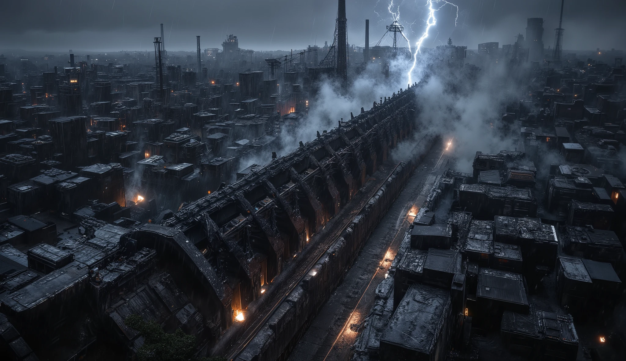 "Aerial concealment over Redstone at stormy dusk, viewed from an industrial airship gondola: the mine vanishes beneath a patchwork of mausoleums, smokestacks, and tarred rooftops. Only subtle clues betray it—three vent grilles disguised as grave slabs, a faint heat shimmer, and a thin ribbon of steam that merges with city smoke. Lightning silhouettes Victorian iron trusses while gaslight constellations glow below. Long-lens compression, stabilized flyover, deep atmospheric haze, rain veils drifting across frame, ultra-realistic 8K clarity, somber and clandestine mood."