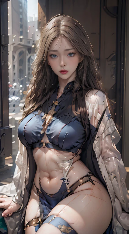 A pornographic girl wearing Chinese underwear，s the perfect face，Wearing black stockings，Wear stiletto heels，with tattoos，Have on the street，CG，incredibly detailed，ultra-realistic realism