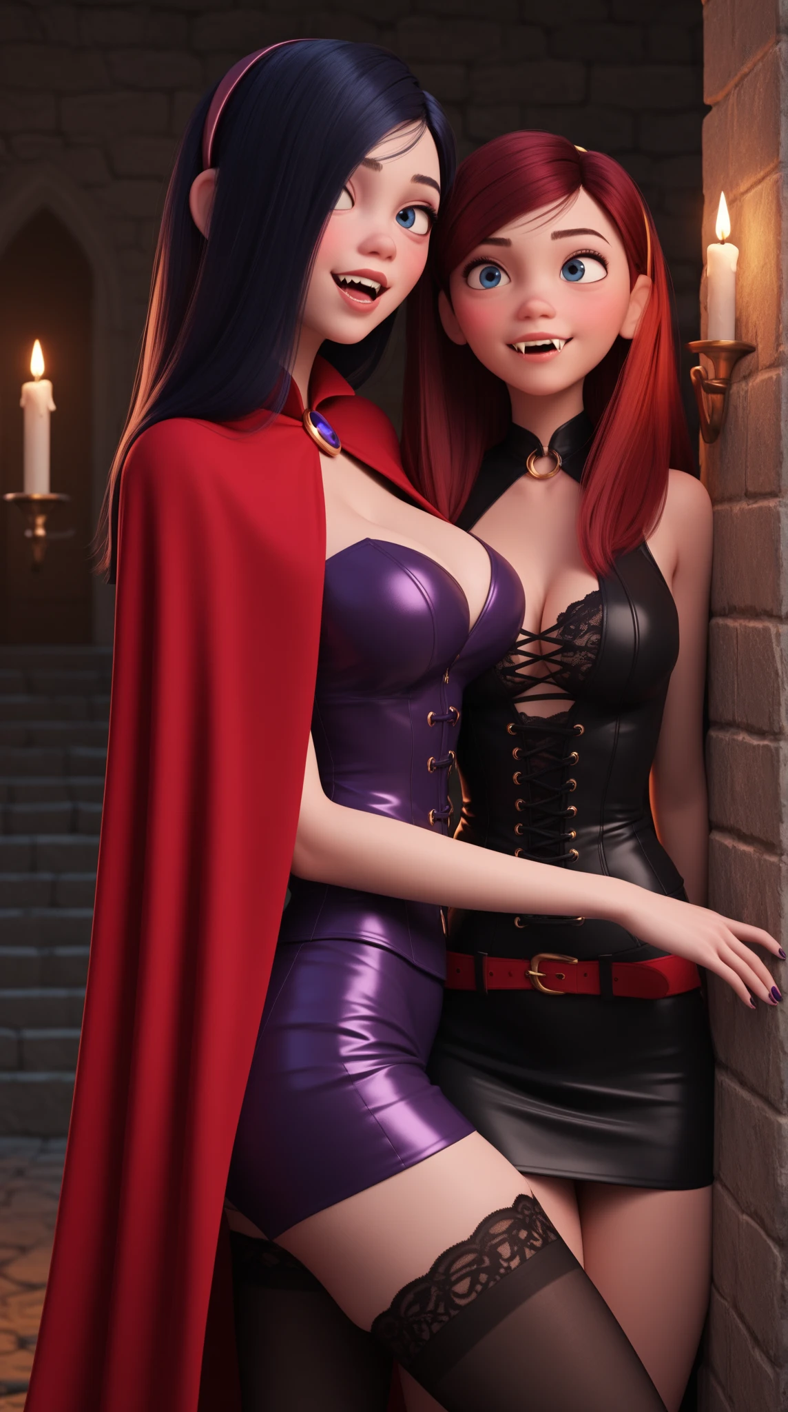 vampire teeth , ((((nighttime))) , 2girls,looking at each other in the eye, long hair , RAW photo, high quality, film grain,simple background, presenting, beautiful, (silver and red lined satin cloak tied at the neck:1.20) , ???????, ??? in ?????, big ???, ,standing ???????????,clothes lift,??????????,  moonlit graveyard , (2girls,yuri), licking ??????, ????? ?????