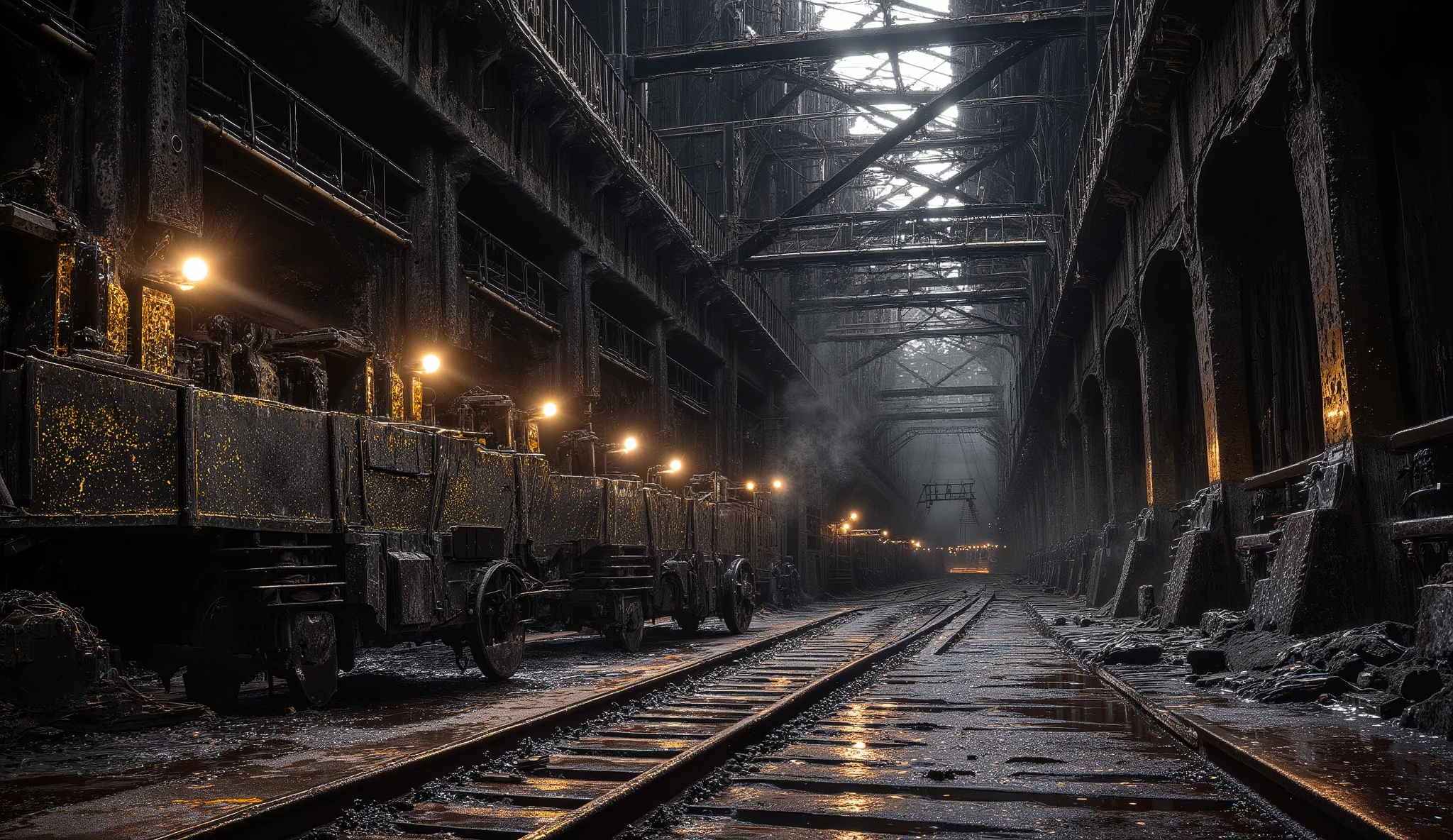 "Interior of the true mine: a cathedral-scale chamber ribbed with riveted iron arches and timber braces, slick with condensation. Narrow-gauge rails vanish into black shafts, ore carts dusted in gold flecks stand idle, and a steam hoist coughs vapor into a lattice of cables. Acetylene lamps and gas sconces carve shafts of light through suspended dust; water drips echo into darkness. Close-to-mid wide shot on 24mm with gentle dolly-in, crisp micro-detail on rock strata, puddle reflections, and hand-chiseled tool marks; tense, immersive, fotorrealistic atmosphere."