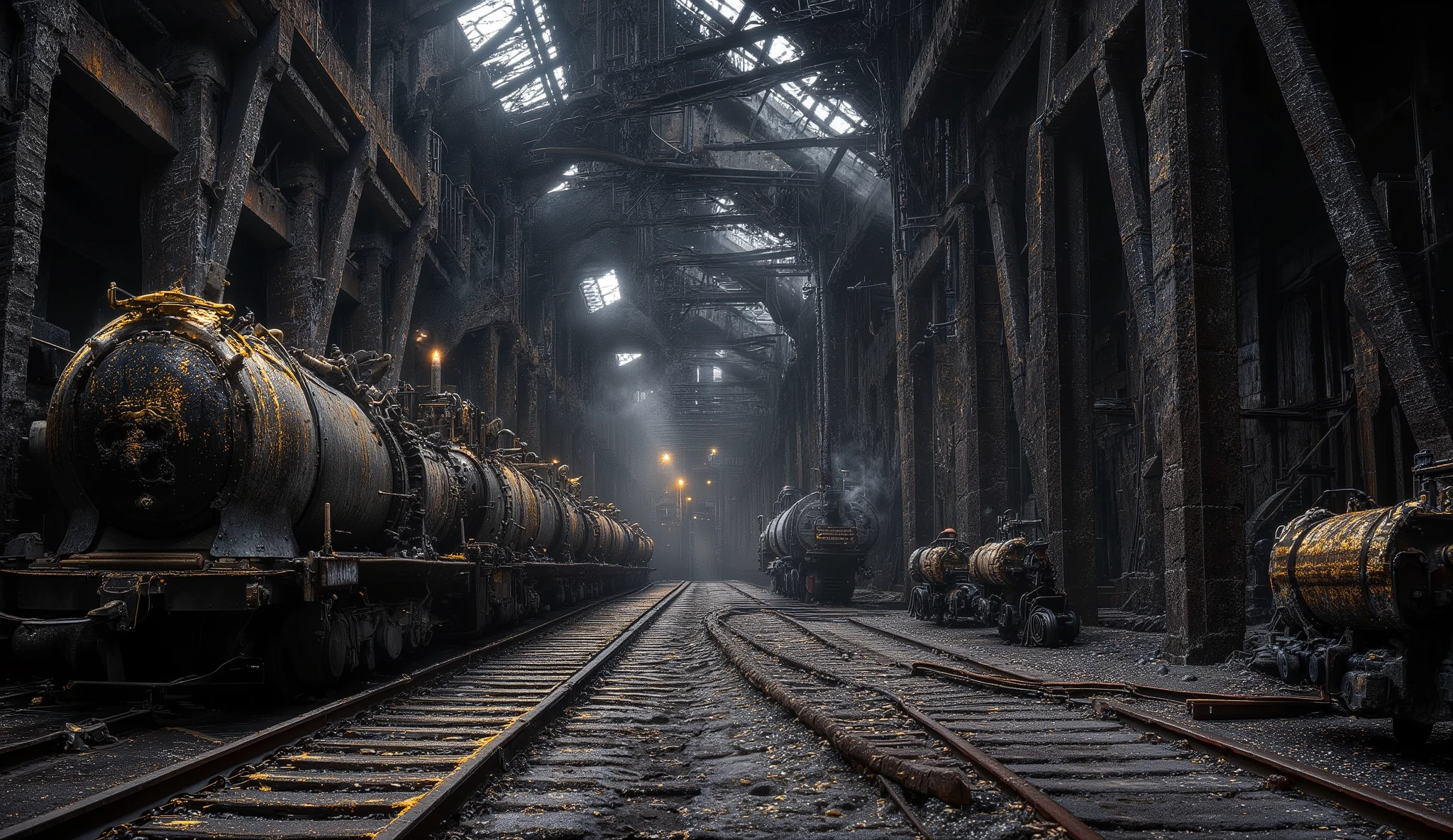 "Interior of the true mine: a cathedral-scale chamber ribbed with riveted iron arches and timber braces, slick with condensation. Narrow-gauge rails vanish into black shafts, ore carts dusted in gold flecks stand idle, and a steam hoist coughs vapor into a lattice of cables. Acetylene lamps and gas sconces carve shafts of light through suspended dust; water drips echo into darkness. Close-to-mid wide shot on 24mm with gentle dolly-in, crisp micro-detail on rock strata, puddle reflections, and hand-chiseled tool marks; tense, immersive, fotorrealistic atmosphere."