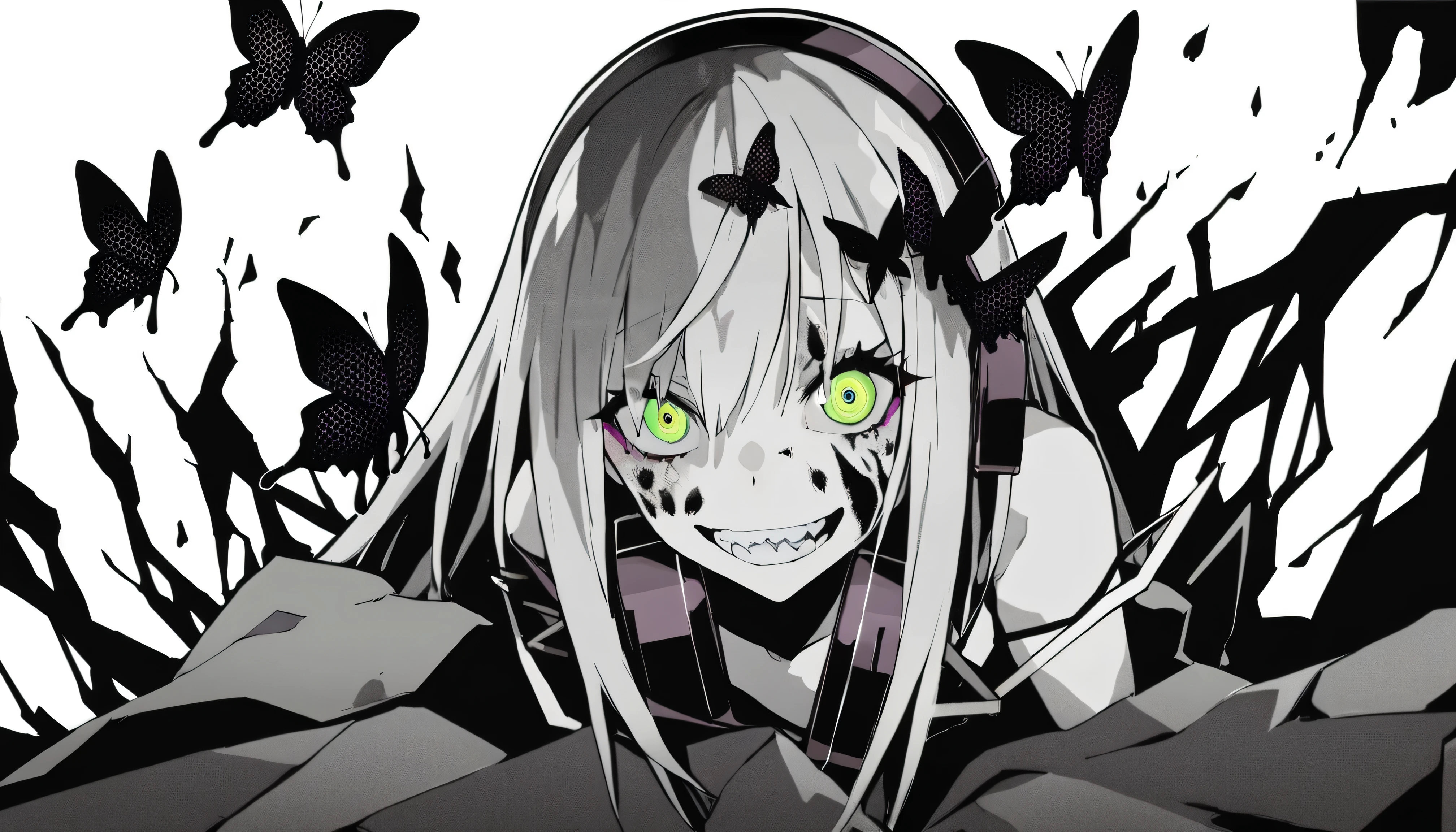  ((The background is a chaotic near-future、Collapsing World、butterfly))、masterpiece, Highest Quality, ((1 girl：The arrangement is centered)), ((Background is colored flame))、Spikes, ((solo)), headphones , Crazy smile, , spiked Color, Illness, monochrome, 色つきのheadphones around neck,yandere, Black background, Color, watching viewers,  Bare Shoulder, green eyes,（hairstyle：hair ornaments）、sexy hard rock punk costume、visual band makeup、tattoo on the face