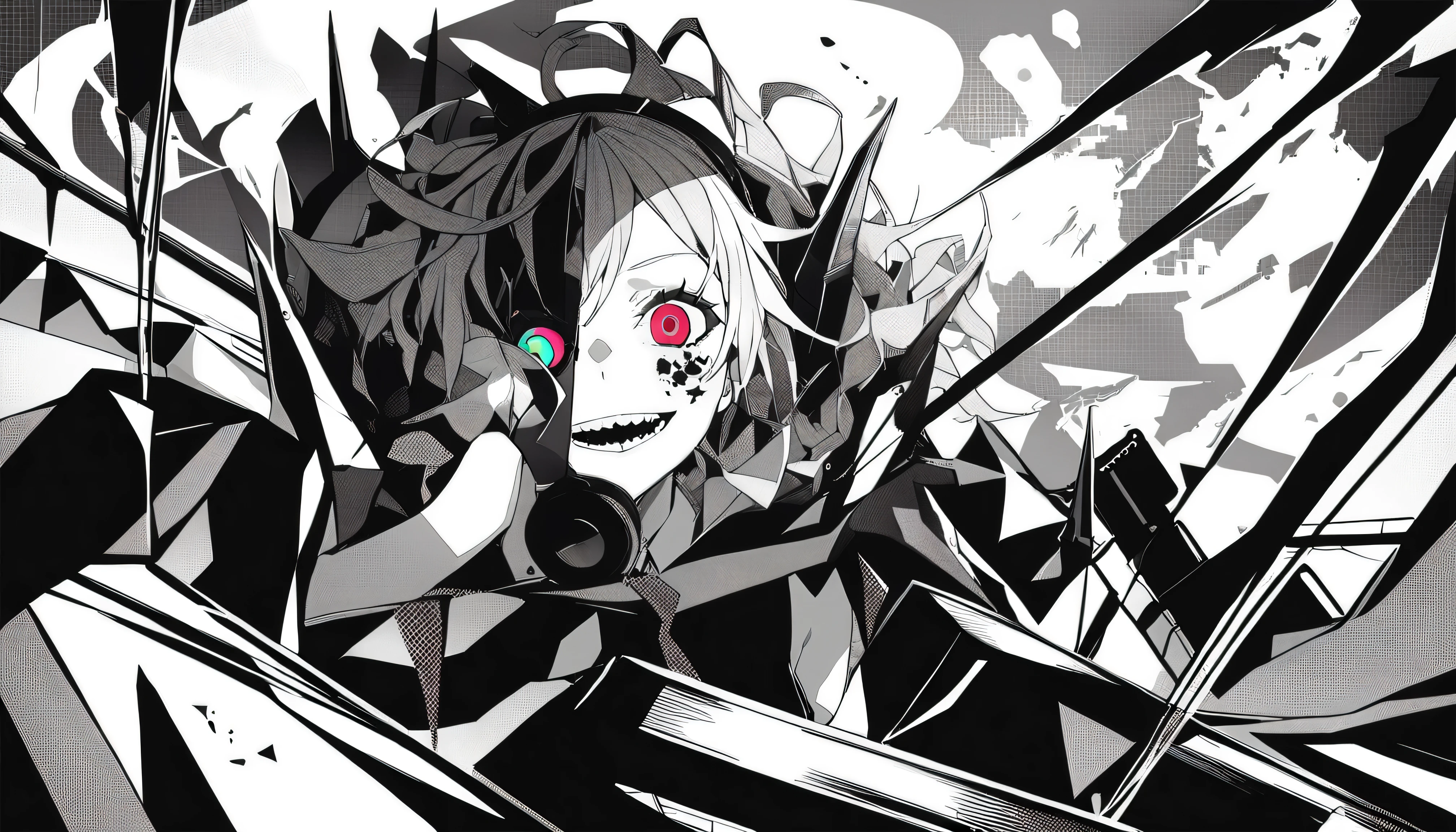  ((The background is a chaotic near-future、Collapsing World、gun、Machine Gun))、masterpiece, Highest Quality, ((1 girl：The arrangement is centered)), ((背景は色つきのgun弾))、Spikes, ((solo)), headphones , Crazy smile, , spiked Color, Illness, monochrome, 色つきのheadphones around neck,yandere, Black background, Color, watching viewers,  Bare Shoulder, Red Eyes,（hairstyle：shortcuts with armbands）、sexy hard rock punk costume、tattoo on the face