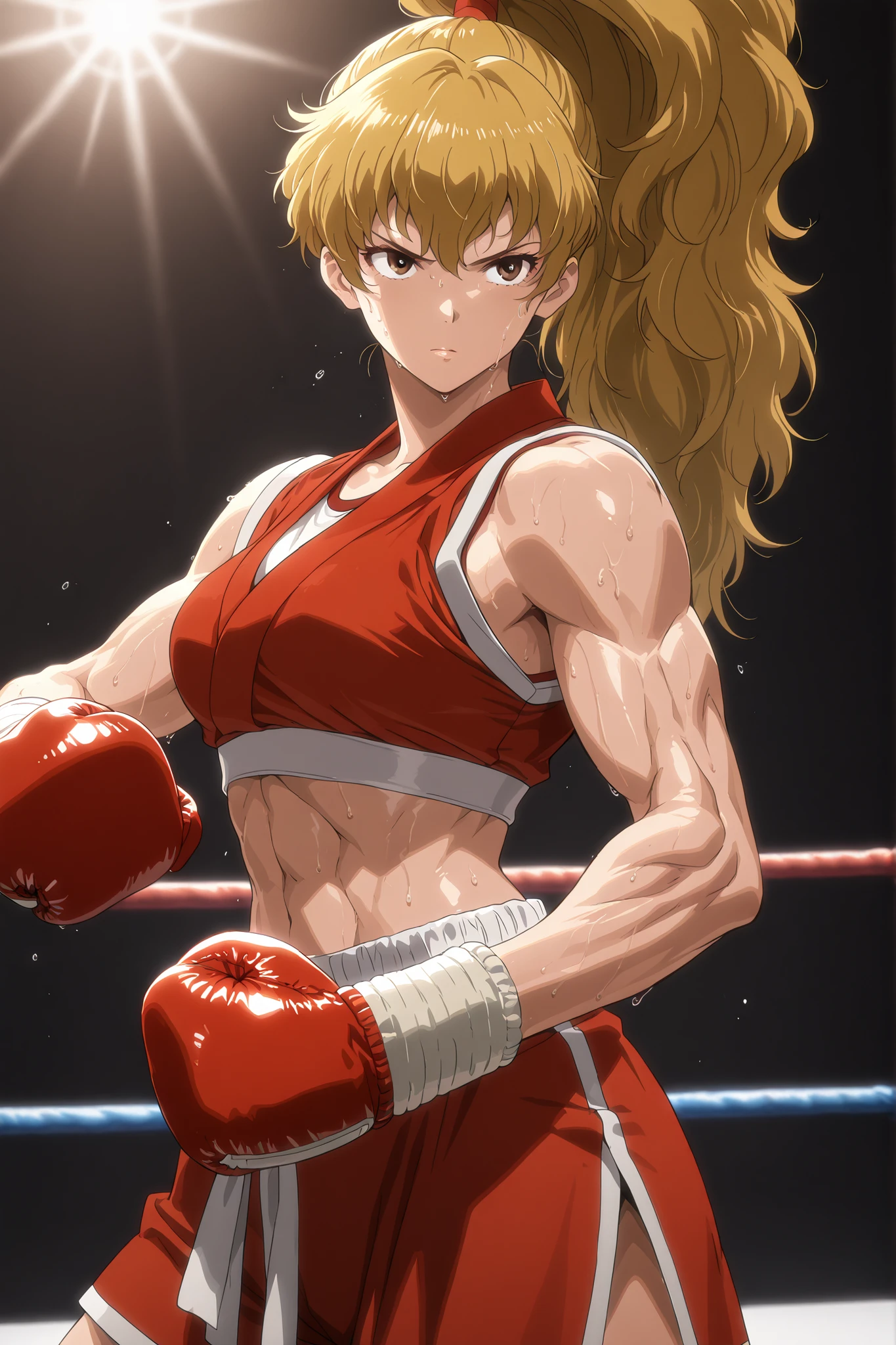 1girl, solo, genryuusai maki, high ponytail, blonde hair, brown eyes, muscular, sports bra, boxing gloves, sweating