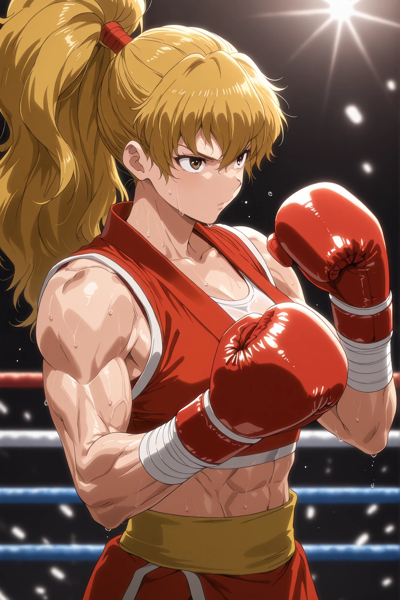 1girl, solo, genryuusai maki, high ponytail, blonde hair, brown eyes, muscular, sports bra, boxing gloves, sweating