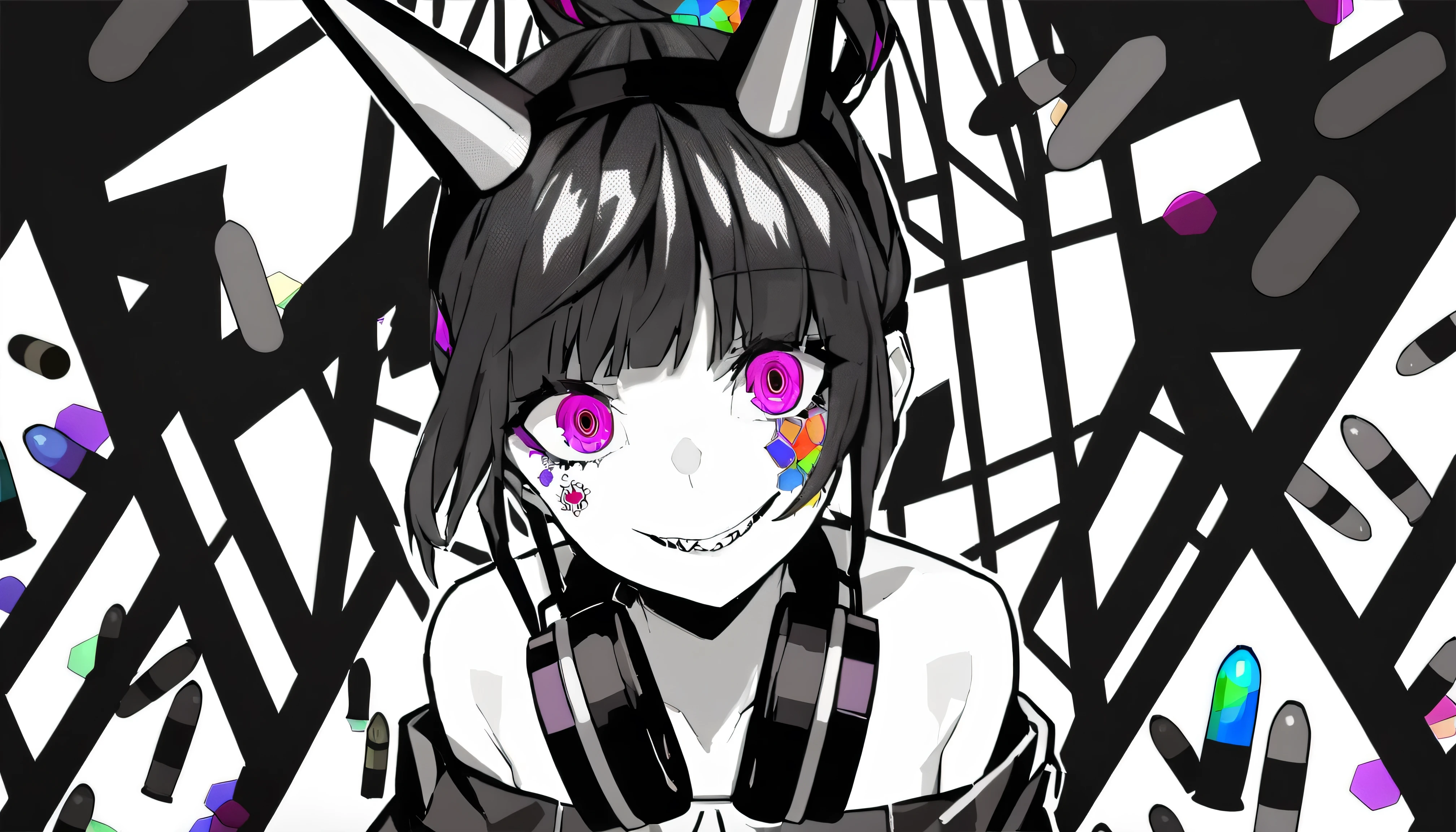  ((The background is a collapsed church、colorful stained glass))、masterpiece, Highest Quality, ((1 girl：The arrangement is centered)), ((Colored bullets in the background))、Spikes, ((solo)), headphones , Fierce crazy smiles, , spiked Color, Illness、monochrome, 色つきのheadphones around neck,yandere, Black background, Color, watching viewers,  Bare Shoulder, purple eyes,（hairstyle：Evening updo）、sexy hard rock punk costume、tattoo on the face