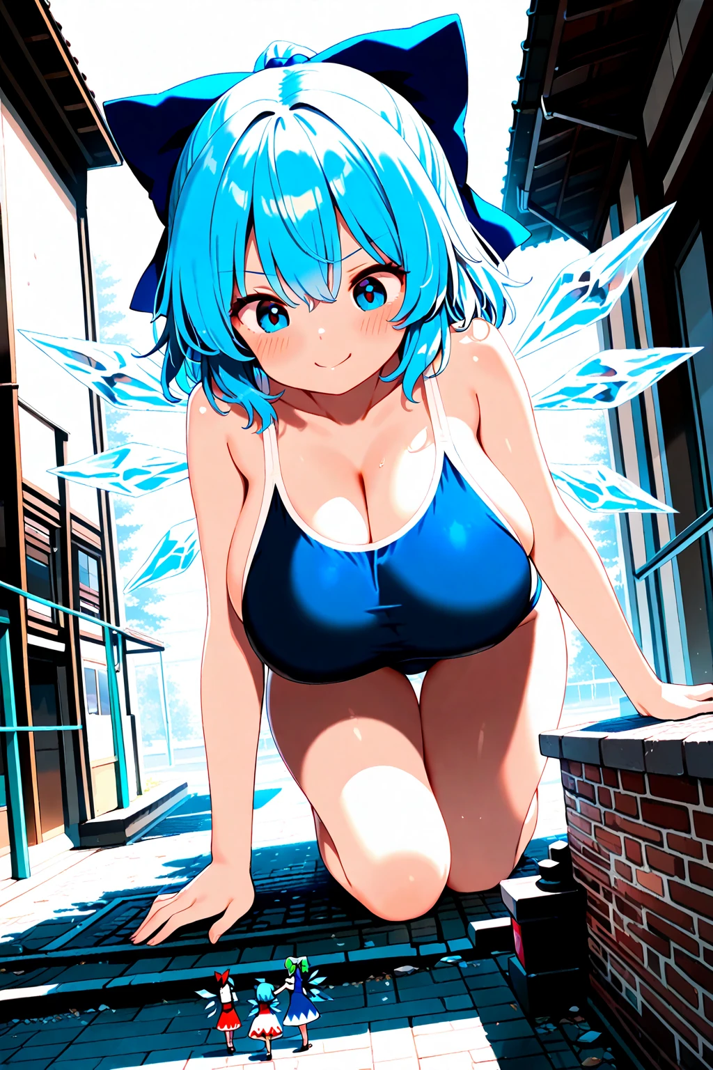 1girl, blue hair, ?????????????, bunny ears, rabbit ears, wide ????, blue eyes, short hair, very short hair, science-fiction, tech, futuristic, machinery, full body, neon trim, ??????, black ??????, light smile, shoes, sneakers, blue trim