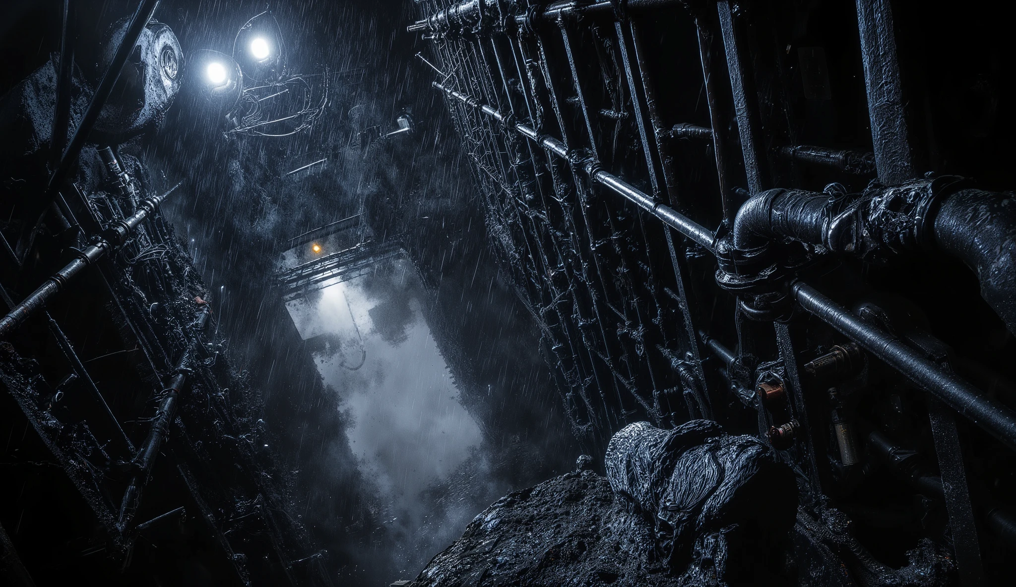 "Night flythrough revelation: begin above the City of the Dead as rain patters on iron grates, then plunge past a hidden vent into a narrow shaft where fog rolls downward like breath. The camera glides along dripping pipes and rusted ladders, bursting into the forbidden gallery where a vein of luminous ore snakes through black rock. Lanterns flicker, steam valves hiss, and a fallen crow-embossed locket lies half-sunk in mud. Continuous one-take motion, 28mm anamorphic look with natural vignetting, rich chiaroscuro, razor-sharp realism, mounting dread and momentum."