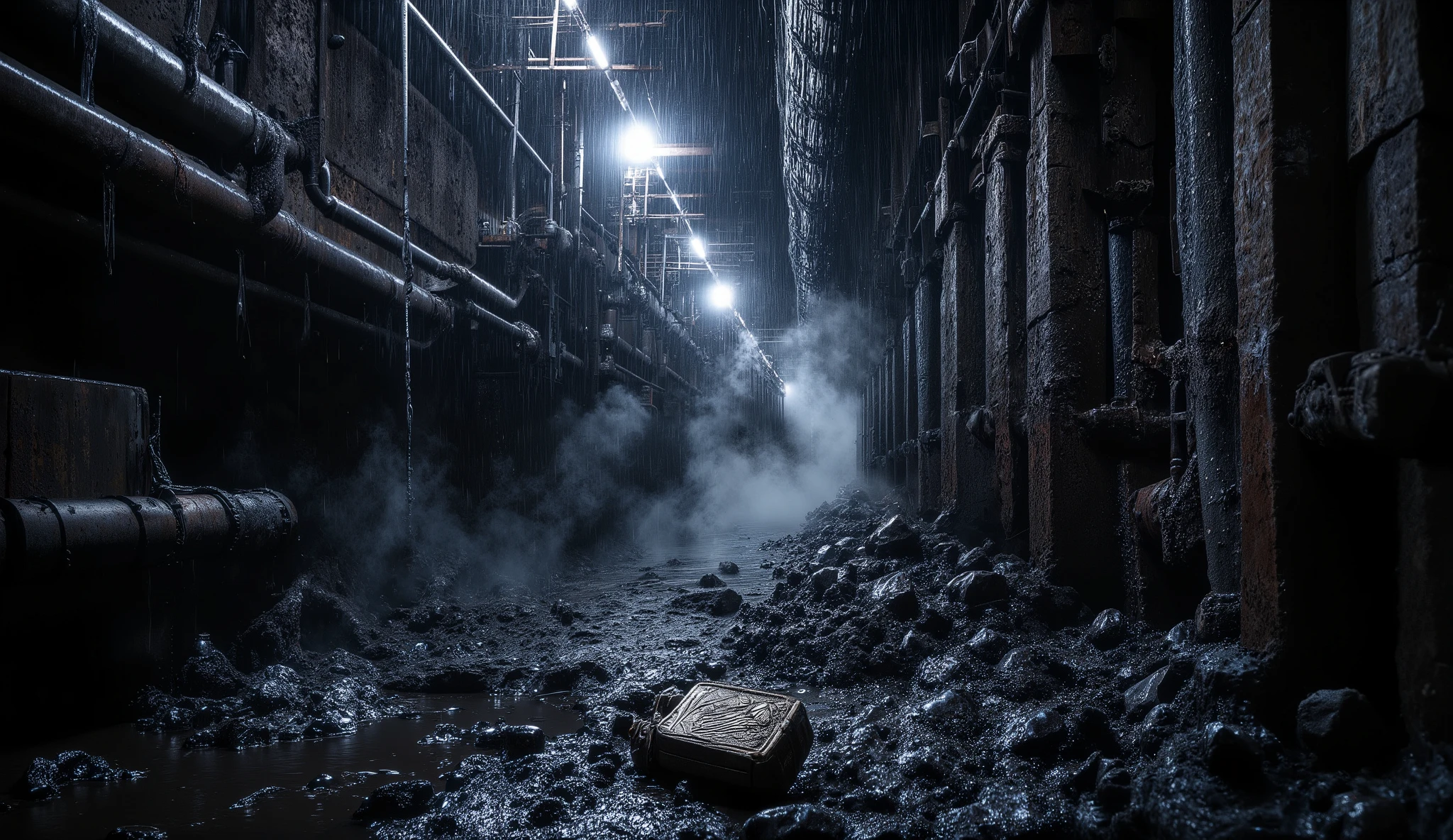 "Night flythrough revelation: begin above the City of the Dead as rain patters on iron grates, then plunge past a hidden vent into a narrow shaft where fog rolls downward like breath. The camera glides along dripping pipes and rusted ladders, bursting into the forbidden gallery where a vein of luminous ore snakes through black rock. Lanterns flicker, steam valves hiss, and a fallen crow-embossed locket lies half-sunk in mud. Continuous one-take motion, 28mm anamorphic look with natural vignetting, rich chiaroscuro, razor-sharp realism, mounting dread and momentum."