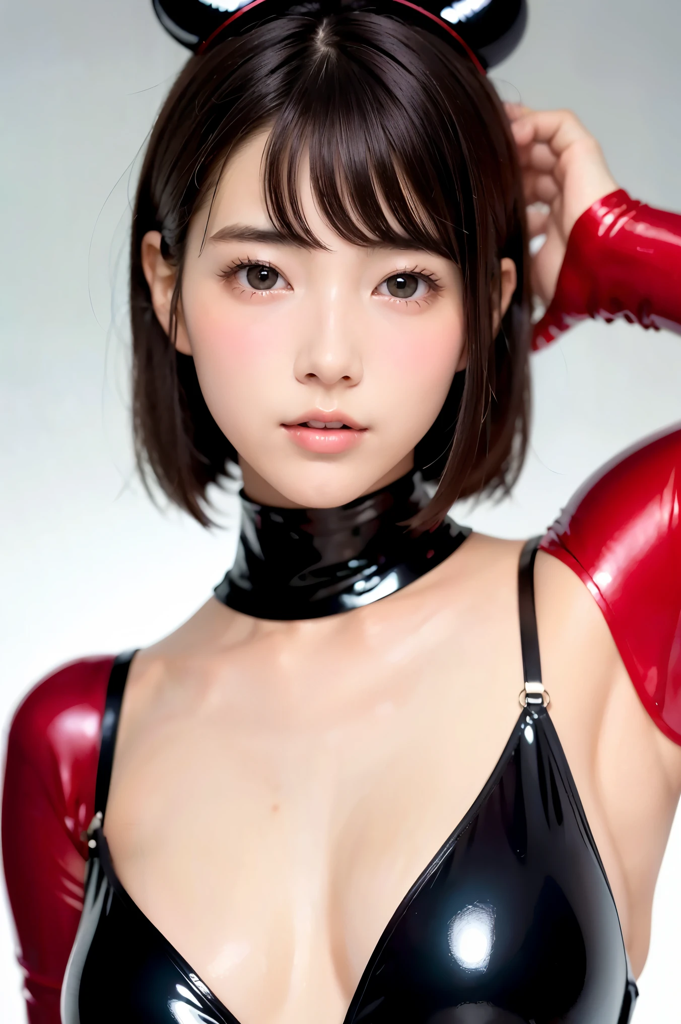 (masterpiece), (8k、Original Work 、High Quality:1.2),(realistic:1.37,(perfect anatomy),face close-up:1.6、Please give me a larger picture of my face:1.6、masterpiece, 最High Quality, contrast:1.2)、( dark hair、Dark Eyes:1.8)、(face close-up:1.6)、(portrait)、Smile、Slim Japanese Women,黒い髪, I'm wearing a red latex plug suit,Metal Headband、slender body, charming, slender and athletic model , cute young girl, big eyes、Double eyelids、Please look at this:1.7、 cute, Little skinny girl, beautiful teen model , bob cut