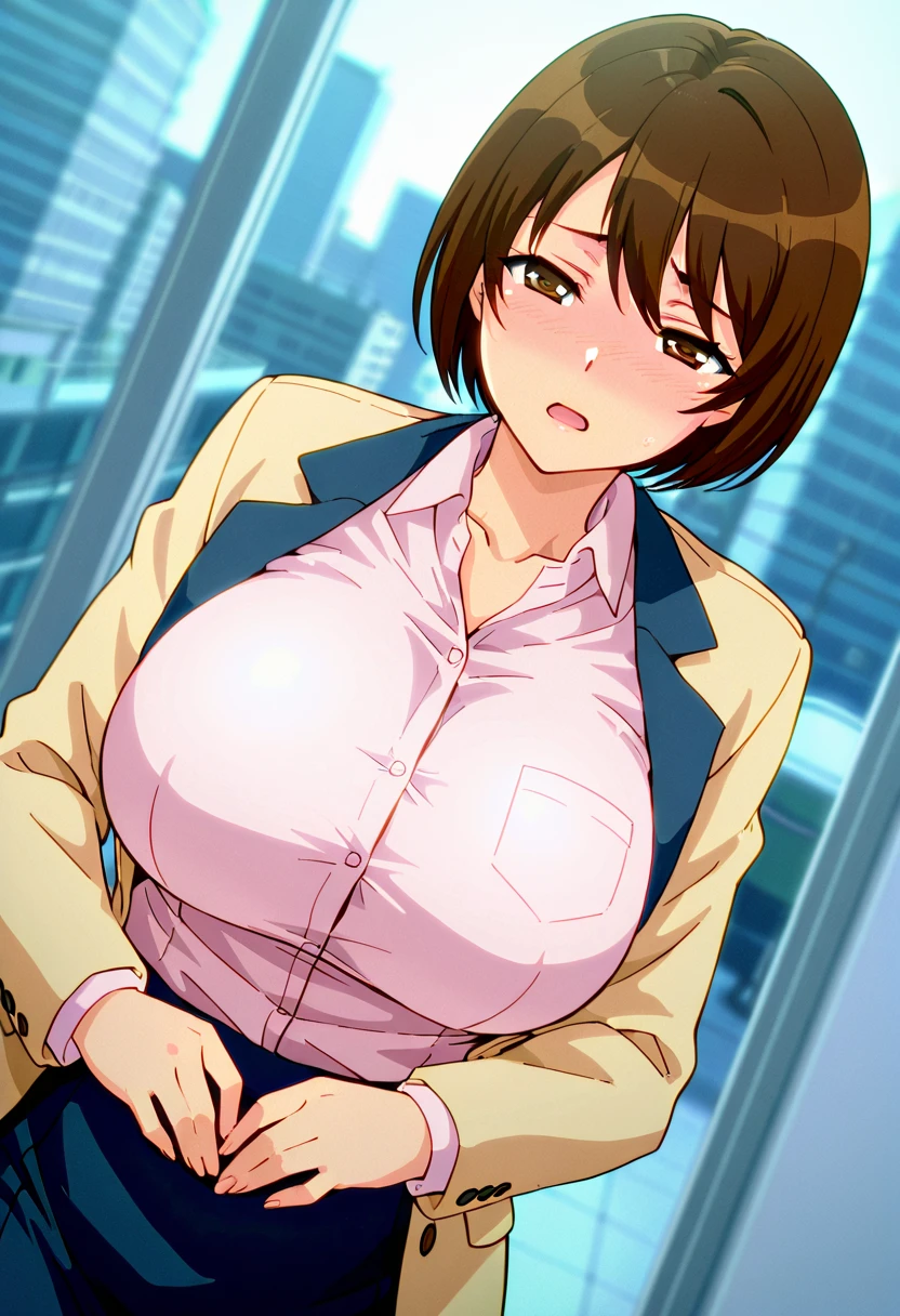 Lucy Piddle, Face portrait, ((The makeup is very thick)), ((Bright lipstick)), Smiling, ((cosmetics)), ((heavy  makeups)), Short hair details, Brown hair,  women, button- shirt , white  shirt, black dress pants, ((Very fat woman)), Lop, sitting on a bus，Full body photo