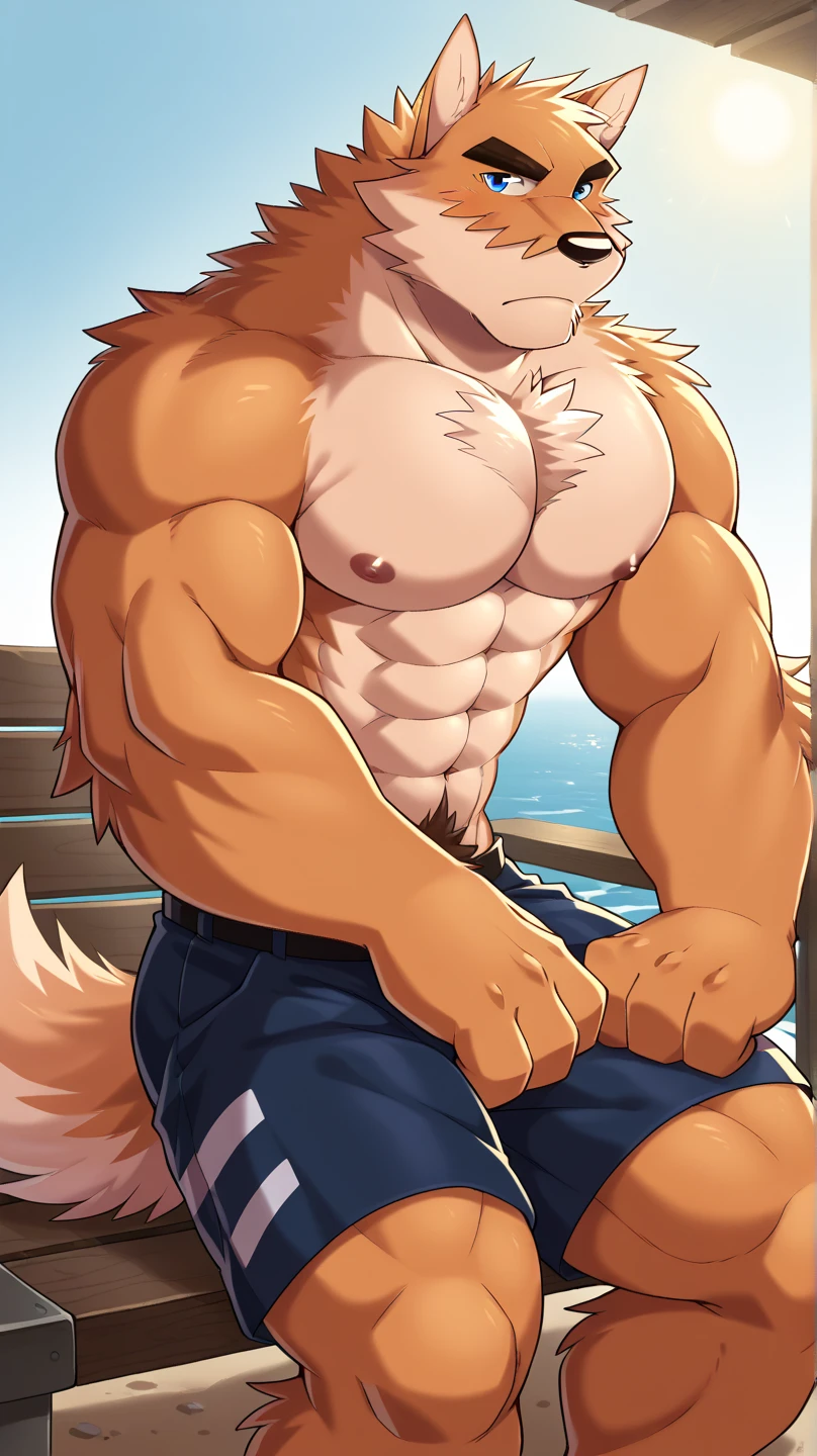 adult solo, kemono bear, , single humanoid , , uncut, detailed, masterpiece, beach background, sunny weather