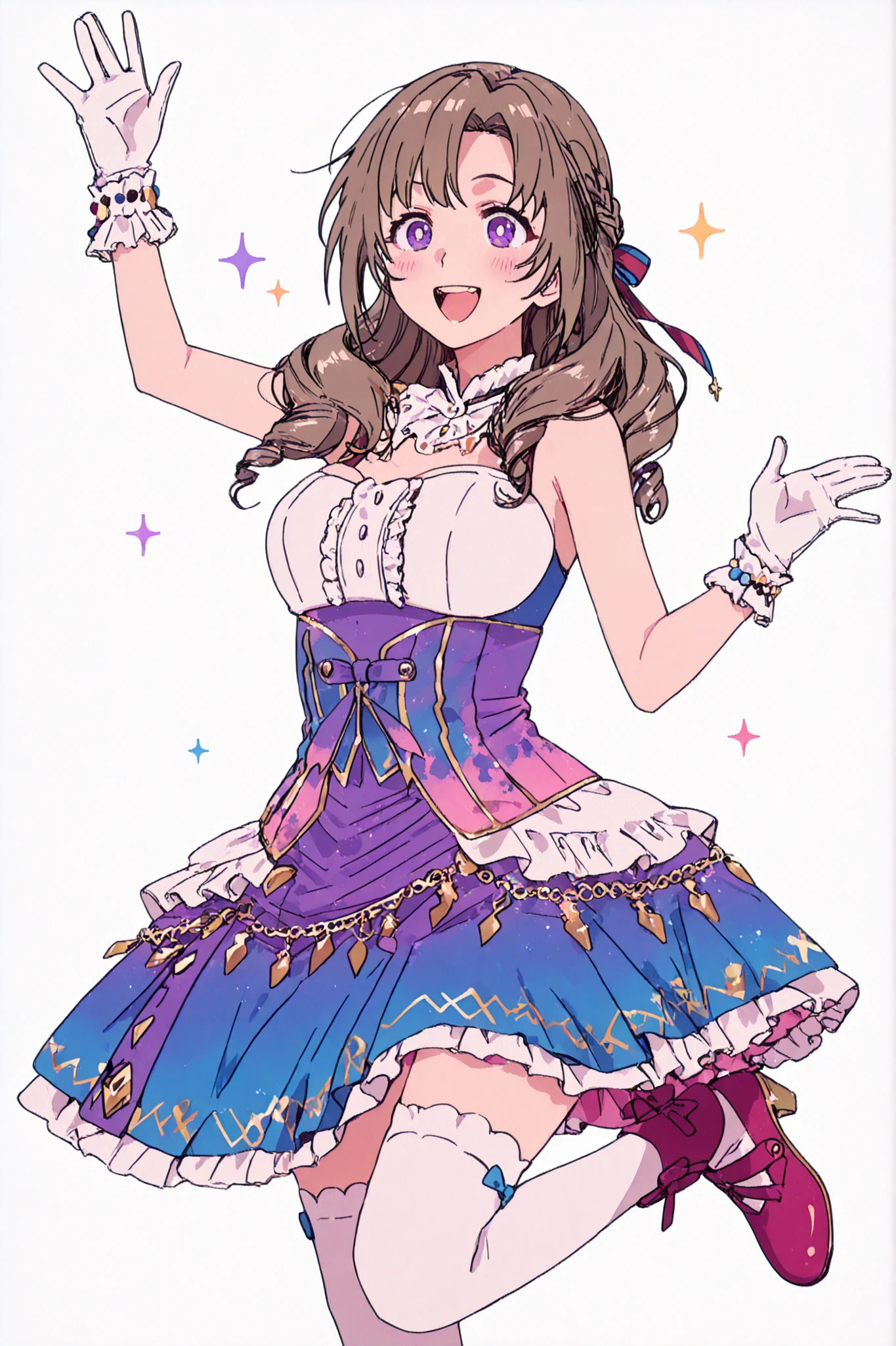 mature female, milf, motherly,An anime girl with brown hair, dressed in a vibrant, frilly outfit, strikes a cheerful pose as golden flakes float around her against a plain white background. The central figure is an anime-style girl with shoulder-length, light brown hair that has some subtle light purple tips and is styled with gentle waves and curls. She has large, expressive purple eyes and flushed cheeks, indicating excitement. Her mouth is open in a wide, joyful smile, revealing her teeth. She is wearing a whimsical, multi-colored costume with a white ruffled top showing her shoulders and part of her chest, layered over a pink and light blue striped bodice adorned with three light blue bows and delicate beaded chains. The skirt of her outfit is short and very flouncy, featuring layers of white, light purple, and pink ruffles. On her right arm, she wears a white glove with a ruffled cuff and a small pearl bracelet, while her left hand is raised in a waving gesture, also covered by a white ruffled glove. She is wearing white thigh-high stockings with red ruffle and bow accents, and red pointed-toe shoes with matching red bows on the straps. Her posture suggests movement, perhaps dancing or jumping, with her body angled and her left leg extended, conveying energy and enthusiasm. Around her, numerous small, rectangular golden flakes or confetti are scattered, creating a celebratory or magical atmosphere. The background is a clean, solid white, which makes the colorful character and the golden flakes pop. The overall mood of the image is joyful, energetic, and playful, reminiscent of an idol performance or a festive celebration, oosuki mamako, white background, ,1girl, solo, oosuki mamako, long hair, brown hair, drill hair, half up half down braid, hair ribbon, curtained hair, purple eyes,  flat color style, simple coloring style,