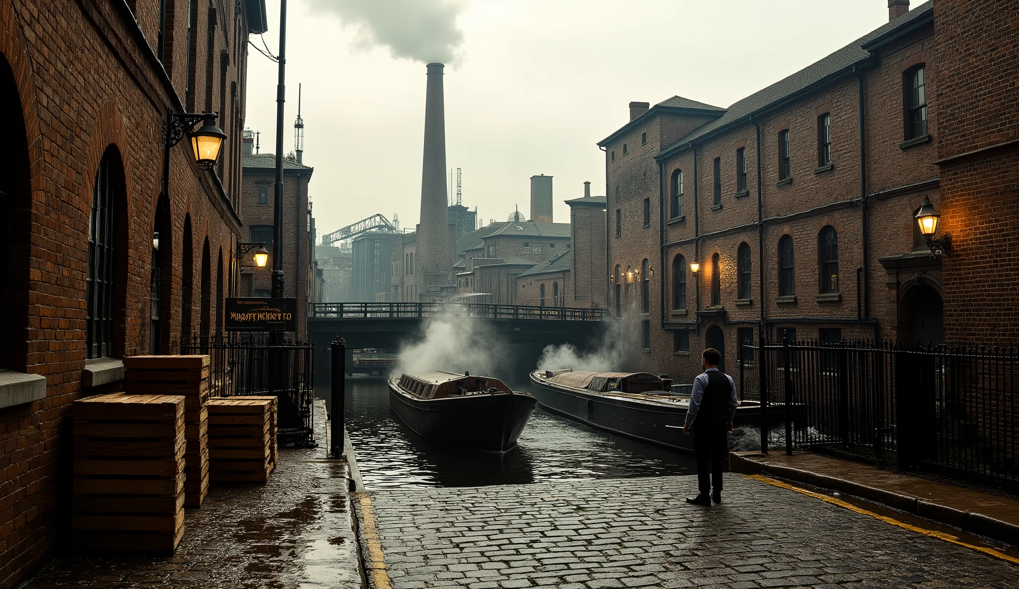 "Decoy mine of Maxwell Industries, built on the outskirts of Redstone’s industrial quarter, noon under a pale overcast sky. The entrance is framed by freshly laid brickwork, polished steel gates, and a gleaming brass sign that reads Redstone Extraction Co. — all too perfect to be real. Workers in tailored vests and rolled sleeves stand idly beside immaculate machinery with no trace of dust or grease. Stacks of wooden crates line the cobblestone dock where narrowboats drift past under an iron bridge, steam curling into the cool air. Gas lamps flicker against the damp brick façades, smoke rising from chimneys in the distance. Cinematic realism, 50mm lens depth, subdued sepia palette with soft morning haze, Peaky Blinders-era atmosphere of wealth, deceit, and industrial elegance."