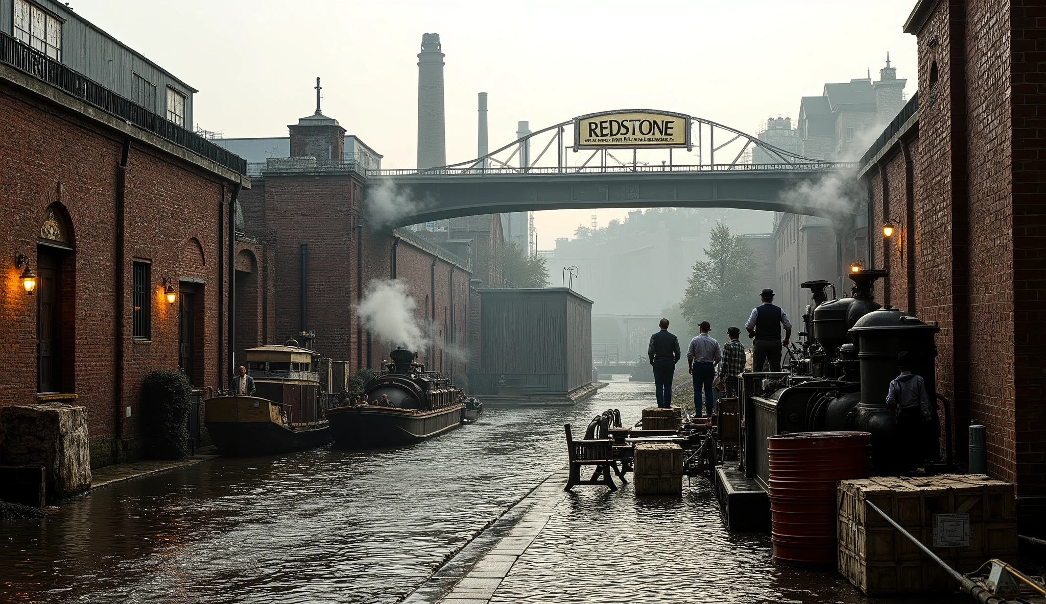 "Decoy mine of Maxwell Industries, built on the outskirts of Redstone’s industrial quarter, noon under a pale overcast sky. The entrance is framed by freshly laid brickwork, polished steel gates, and a gleaming brass sign that reads Redstone Extraction Co. — all too perfect to be real. Workers in tailored vests and rolled sleeves stand idly beside immaculate machinery with no trace of dust or grease. Stacks of wooden crates line the cobblestone dock where narrowboats drift past under an iron bridge, steam curling into the cool air. Gas lamps flicker against the damp brick façades, smoke rising from chimneys in the distance. Cinematic realism, 50mm lens depth, subdued sepia palette with soft morning haze, Peaky Blinders-era atmosphere of wealth, deceit, and industrial elegance."