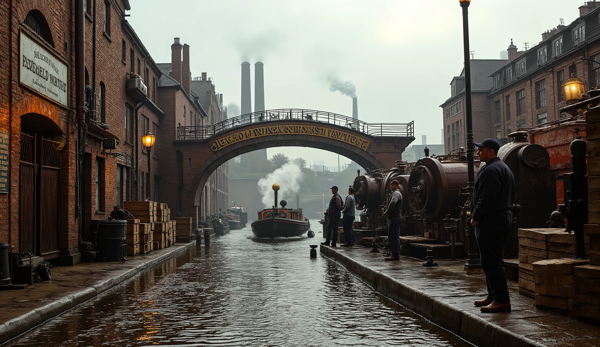 "Decoy mine of Maxwell Industries, built on the outskirts of Redstone’s industrial quarter, noon under a pale overcast sky. The entrance is framed by freshly laid brickwork, polished steel gates, and a gleaming brass sign that reads Redstone Extraction Co. — all too perfect to be real. Workers in tailored vests and rolled sleeves stand idly beside immaculate machinery with no trace of dust or grease. Stacks of wooden crates line the cobblestone dock where narrowboats drift past under an iron bridge, steam curling into the cool air. Gas lamps flicker against the damp brick façades, smoke rising from chimneys in the distance. Cinematic realism, 50mm lens depth, subdued sepia palette with soft morning haze, Peaky Blinders-era atmosphere of wealth, deceit, and industrial elegance."

"Maxwell’s decoy mine on the edge of Redstone’s canal district, midday beneath a pale sky. A polished brass sign glints on a pristine brick façade reading Redstone Extraction Co., flanked by iron gates and neatly stacked crates. Workers in pressed vests and caps lean idly near spotless engines, their boots too clean, their hands too still. Steam drifts lazily from a moored barge while smoke stacks rise beyond a cast-iron bridge. Gaslight reflections shimmer on wet cobblestones, the air thick with quiet suspicion. Cinematic realism, 50mm lens look, soft industrial color palette of copper, coal, and misted grey—modern Peaky Blinders aesthetic of affluence masking corruption."