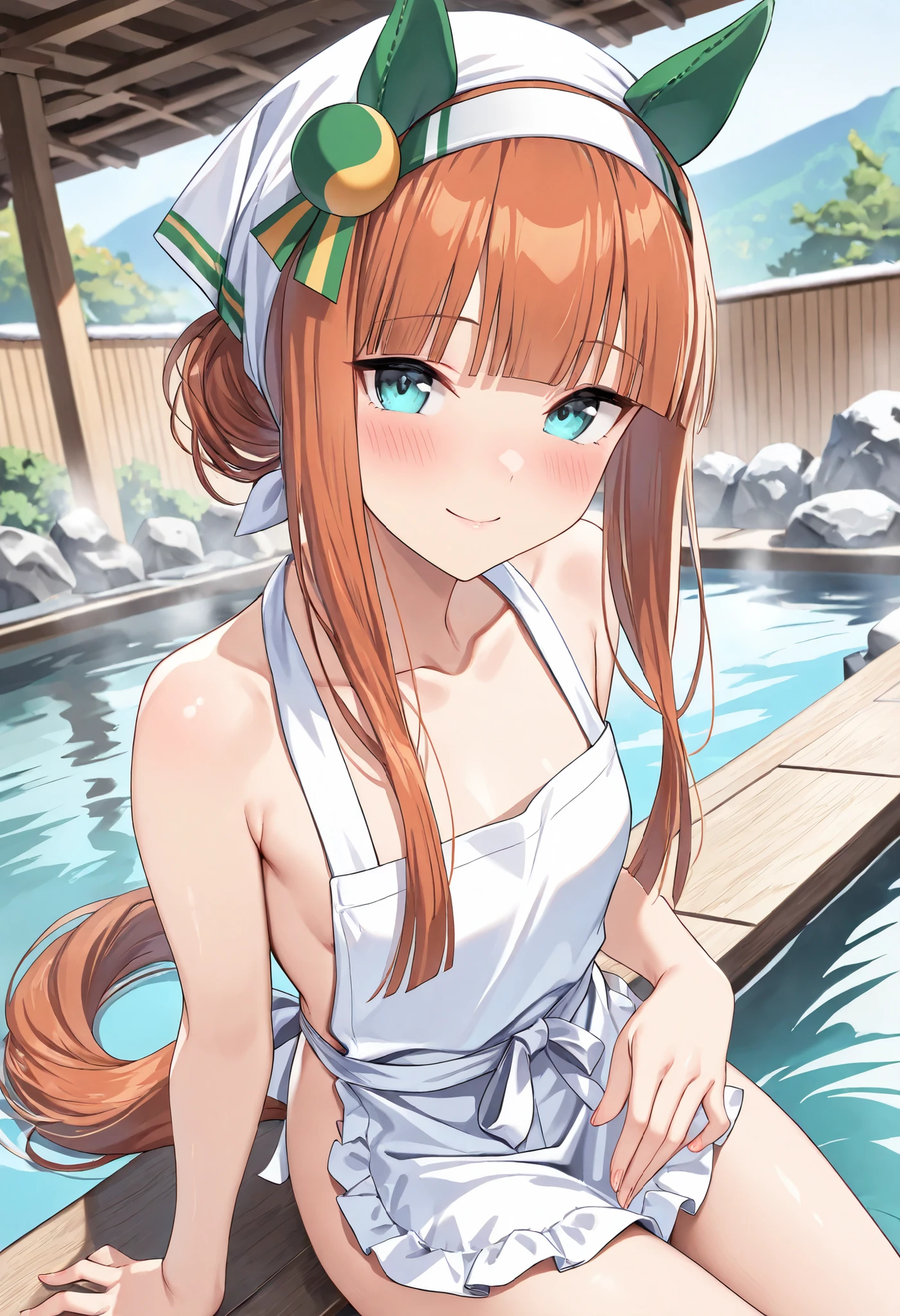 (masterpiece, best quality, perfect face:1.4), wide angle, silence suzuka \(umamusume\), horse ears, ear cover, white headband, small breasts, horse tail, tail on the lower back, proportional body, proportional,1 girl, beautiful hair, beautiful face, beautiful detailed eyes, beautiful clavicle, beautiful body, beautiful chest, beautiful thigh, beautiful legs, beautiful fingers, looking at viewer, BREAK, japanese clothes, kimono, apron, head scarf, BREAK outdoors, hot spring, onsen, BREAK, blush smile, textured skin, realistic skin, HDR, BREAK, (perfect hands, perfect anatomy),
