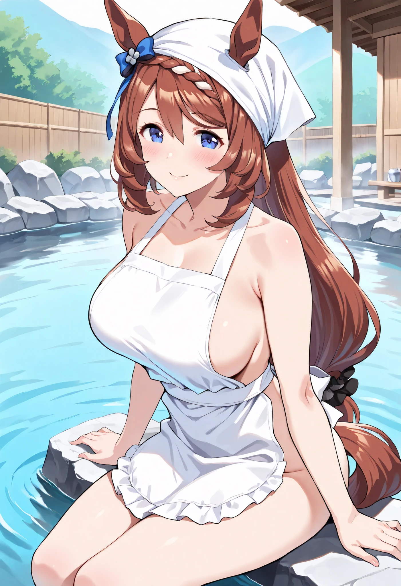 (masterpiece, best quality, perfect face:1.4), wide angle, super creek \(umamusume\), horse ears, ear ornament, horse tail, tail on the lower back, proportional body, proportional, beautiful hair, beautiful face, beautiful detailed eyes, beautiful clavicle, beautiful body, beautiful chest, beautiful thigh, beautiful legs, beautiful fingers, looking at viewer, BREAK, japanese clothes, kimono, apron, head scarf, BREAK outdoors, hot spring, onsen, BREAK, blush smile, textured skin, realistic skin, HDR, BREAK, (perfect hands, perfect anatomy),