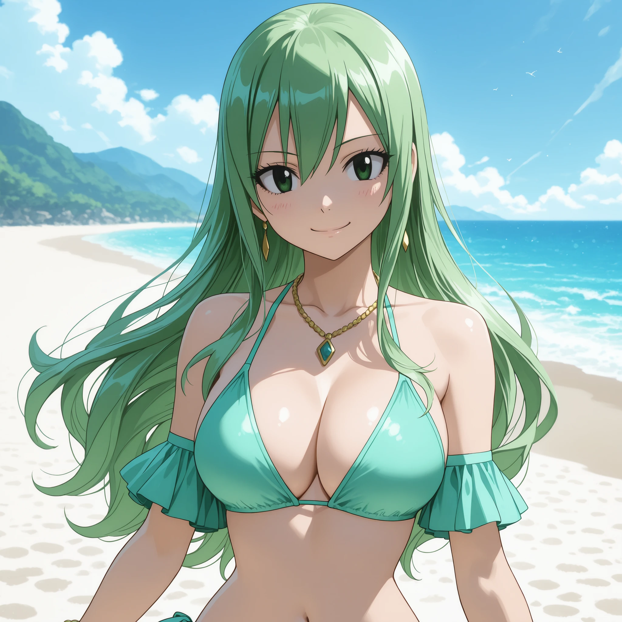 Hisui E. Fiore from FAIRY TAIL. Nineteen years old. Long green hair and  bright green eyes, and a confident smile with a light blush. Her slender, curvaceous figure and generous chest are enhanced by GREEN bikini. She wears bracelets and a small, delicate necklace. She stands confidently on a beautiful tropical beach with white sand and a clear blue sky. Highly detailed anime art, vibrant lighting, soft reflections, and smooth, radiant skin.