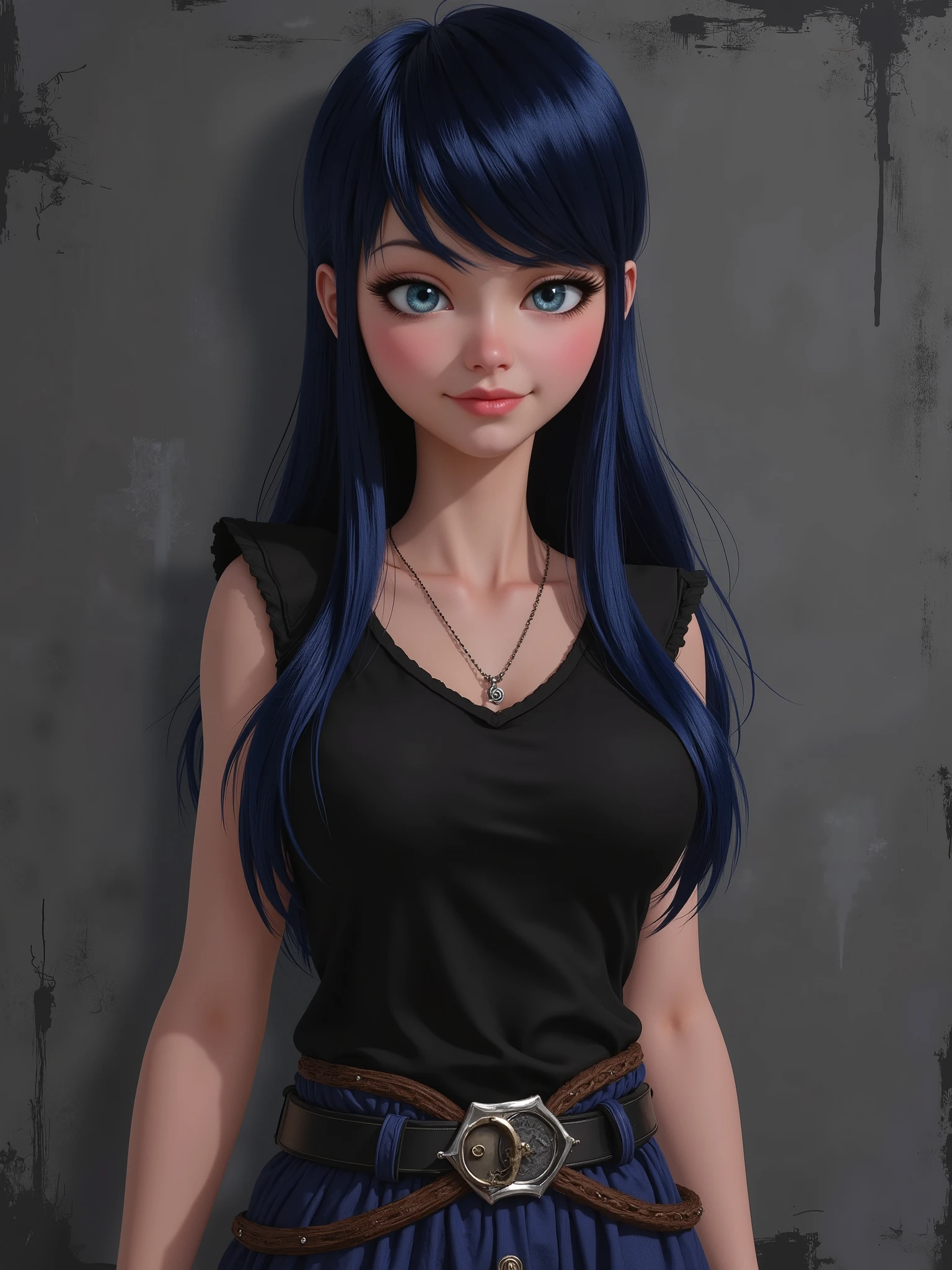 marinette Dopanchan, A very beautiful and cute 22 year old woman with a slight smile. (((Shy smile))), sharp focus on the face, (((Western eyes:1.5))), (((Extremely detailed ice-blue eyes, beautiful eyes, beautifully detailed eyes))), (((delicately detailed thin pink lips))), (((long hair, shiny hair))), (((black medieval steampunk style sleeveless t-shirt))), (((Dark Blue medieval steampunk style leather warrior pants))), (((full body view, dynamic pose, standing:1.5, graceful pose))), (((The background is Dark Gray and painted with expressive, visible textures using dynamic brushstrokes and strokes that add depth and movement. The paint covers only the area just behind the subject. The outer edges of the image with black margins, as if the background had been painted with a brush and with expressive and visible textures using dynamic brushstrokes and strokes fading toward the edges creating a modern and artistic vignette effect))). Cinematic lighting, soft depth of field, (((masterpiece/high resolution/Best Quality/top quality/high quality/UHD/16k quality))), sharp focus, no blur, film grain, bokeh.