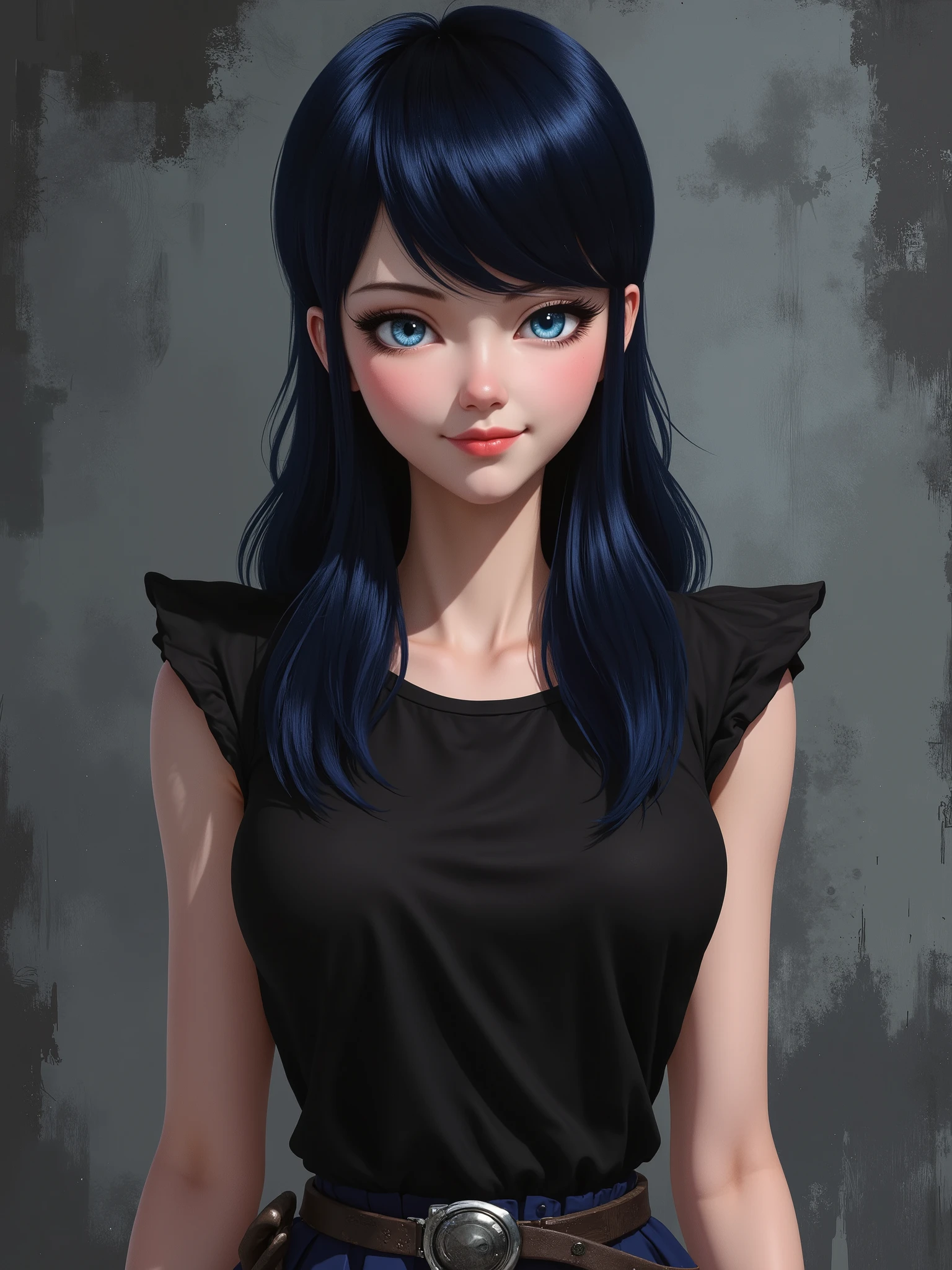 marinette Dopanchan, A very beautiful and cute 22 year old woman with a slight smile. (((Shy smile))), sharp focus on the face, (((Western eyes:1.5))), (((Extremely detailed ice-blue eyes, beautiful eyes, beautifully detailed eyes))), (((delicately detailed thin pink lips))), (((long hair, shiny hair))), (((black medieval steampunk style sleeveless t-shirt))), (((Dark Blue medieval steampunk style leather warrior pants))), (((full body view, dynamic pose, standing:1.5, graceful pose))), (((The background is Dark Gray and painted with expressive, visible textures using dynamic brushstrokes and strokes that add depth and movement. The paint covers only the area just behind the subject. The outer edges of the image with black margins, as if the background had been painted with a brush and with expressive and visible textures using dynamic brushstrokes and strokes fading toward the edges creating a modern and artistic vignette effect))). Cinematic lighting, soft depth of field, (((masterpiece/high resolution/Best Quality/top quality/high quality/UHD/16k quality))), sharp focus, no blur, film grain, bokeh.
