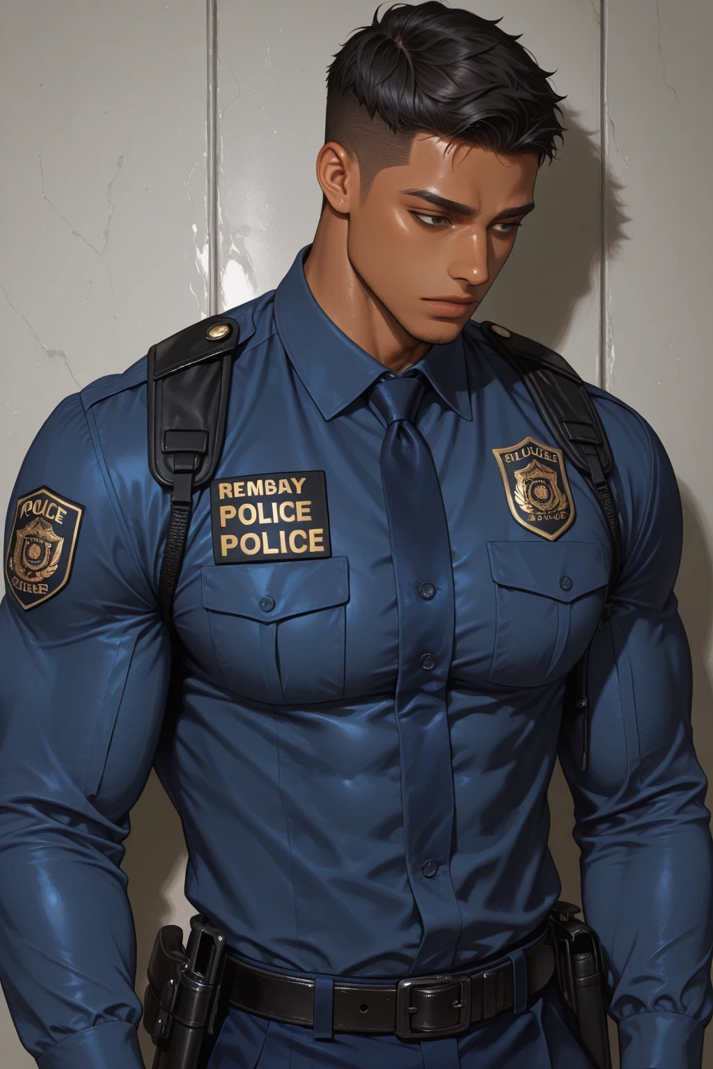 1 man,(Skinheads hairstyles) ,black eye,(Wear jacket navy with a police badge.:1.3),(fit neck),Navy blue jeans,(black_gloves), Korean guy,chest muscles,large arm muscles,blood vessel,Big muscles,Broad shoulders,(Carrying a black backpack:1.3),(sunglasses:1.1), smile, middle of the road,(full_shot:1.6),(In the bread shop:1.2),