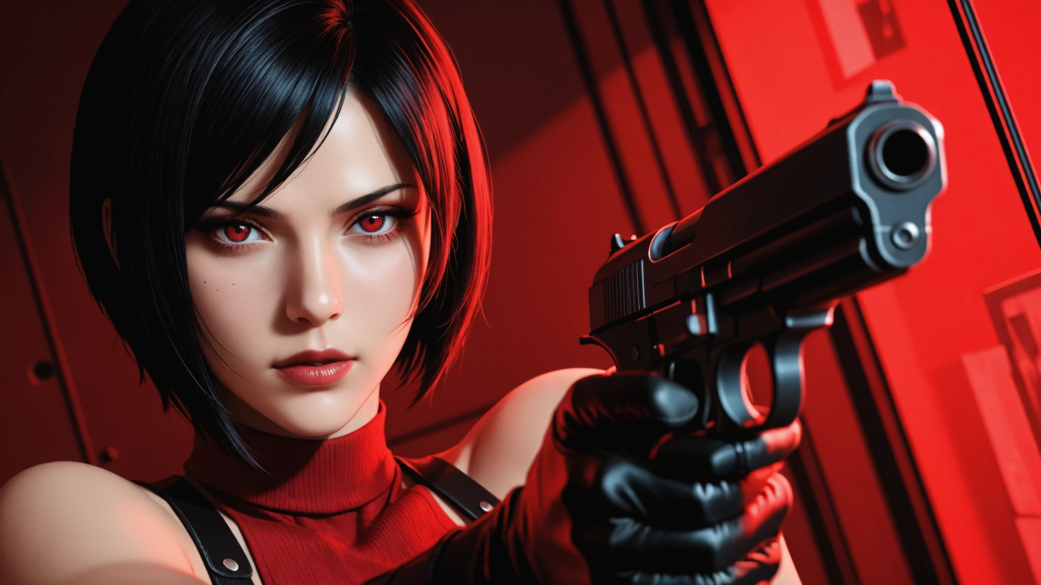 HD, ada wong, beautiful face, bob hair, red coat with black nail polish,  glare, holding a gun