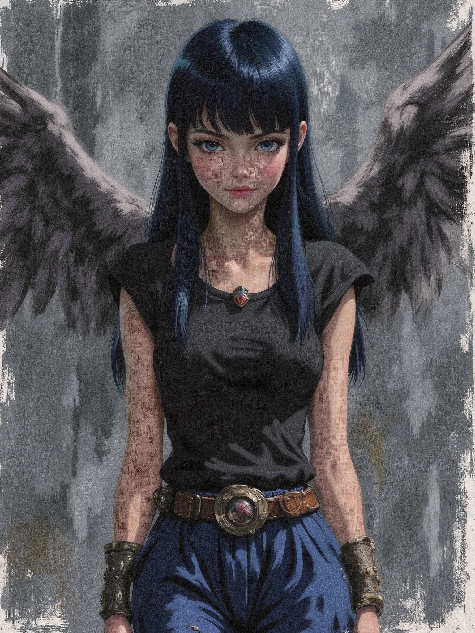 sketch painting, marinette Dopanchan, A very beautiful and cute 22 year old woman with a slight smile. (((Shy smile))), sharp focus on the face, (((Western eyes:1.5))), (((Extremely detailed ice-blue eyes, beautiful eyes, beautifully detailed eyes))), (((delicately detailed thin pink lips))), (((long hair, shiny hair))), (((black medieval steampunk style sleeveless t-shirt))), (((Dark Blue medieval steampunk style leather warrior pants))), (((full body view, dynamic pose, standing:1.5, graceful pose))), (((The background is Dark Gray and painted with expressive, visible textures using dynamic brushstrokes and strokes that add depth and movement. The paint covers only the area just behind the subject. The outer edges of the image with black margins, as if the background had been painted with a brush and with expressive and visible textures using dynamic brushstrokes and strokes fading toward the edges creating a modern and artistic vignette effect))). Cinematic lighting, soft depth of field, (((masterpiece/high resolution/Best Quality/top quality/high quality/UHD/16k quality))), sharp focus, no blur, film grain, bokeh.