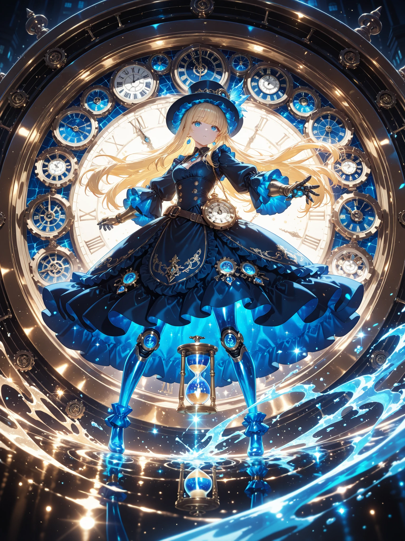  Time traveler,long Steampunk fantasy scene of a masked young woman with blond hair, intricate ornaments on the inside, silk hat, and mechanical gloves. she's a huge golden hourglass filled with sparkling sand, with Gear, clock face, and a black Victorian dress with frills. blue jewels and small blue hourglasses are embedded inside the building. Surrounding her is a city of tall buildings with enormous clock face, Gear, and metal walls . with golden bursts of light and a stream spreading around her, contrasts with the cold blue tones of a night in a distant city. very detailed, Decorative Design, sparkling glass reflection, shiny brass metal, dramatic perspective, Shining Magical Energy, cinematic lighting, Dynamic Motion, High Details, Super high quality, fantasy illustration.soft touch,Delicate Body Curves,Realistic Human Body,