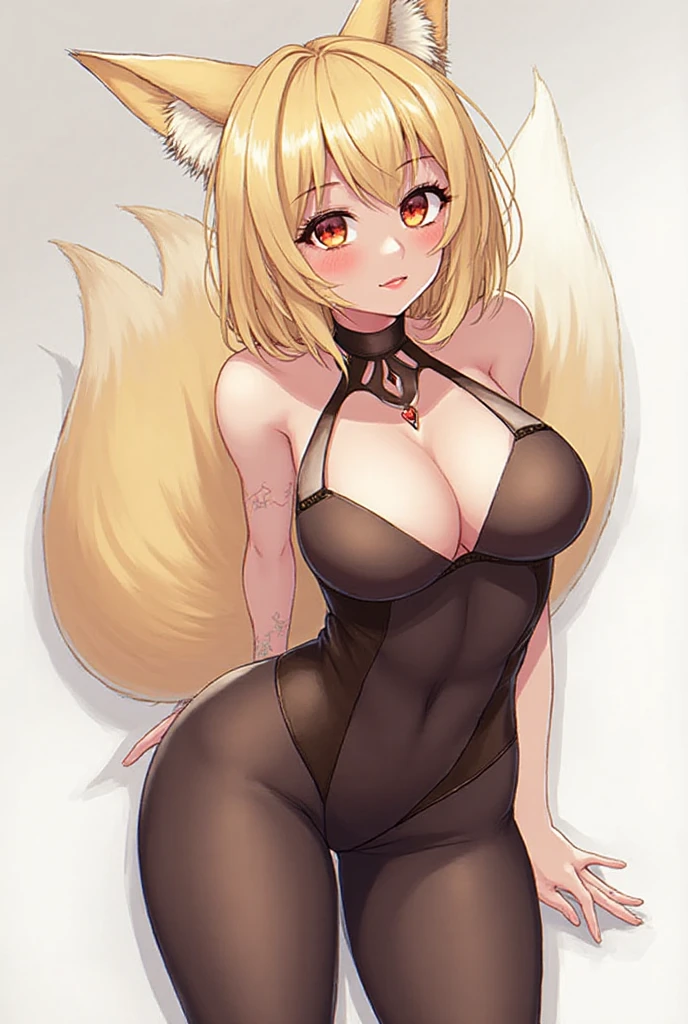 best quality, masterpiece, high resolution, CG, 1 Girl, Animal ears, Tail, Fox ears, Solitary, fox Tail, ?????????????, High Leg Raise, Blonde hair, multiple Tails, ?????????????, Heart, Long hair, Hands on ????, cleveage, black High Leg Raise, Looking at the audience, ???? shoulders, Facial Tagging, skirt,, nail, ?????????, Alternative clothing, Fox Girl, light, frank, photo, high resolution, 4K, 8k, Bokeh, Upper Body
