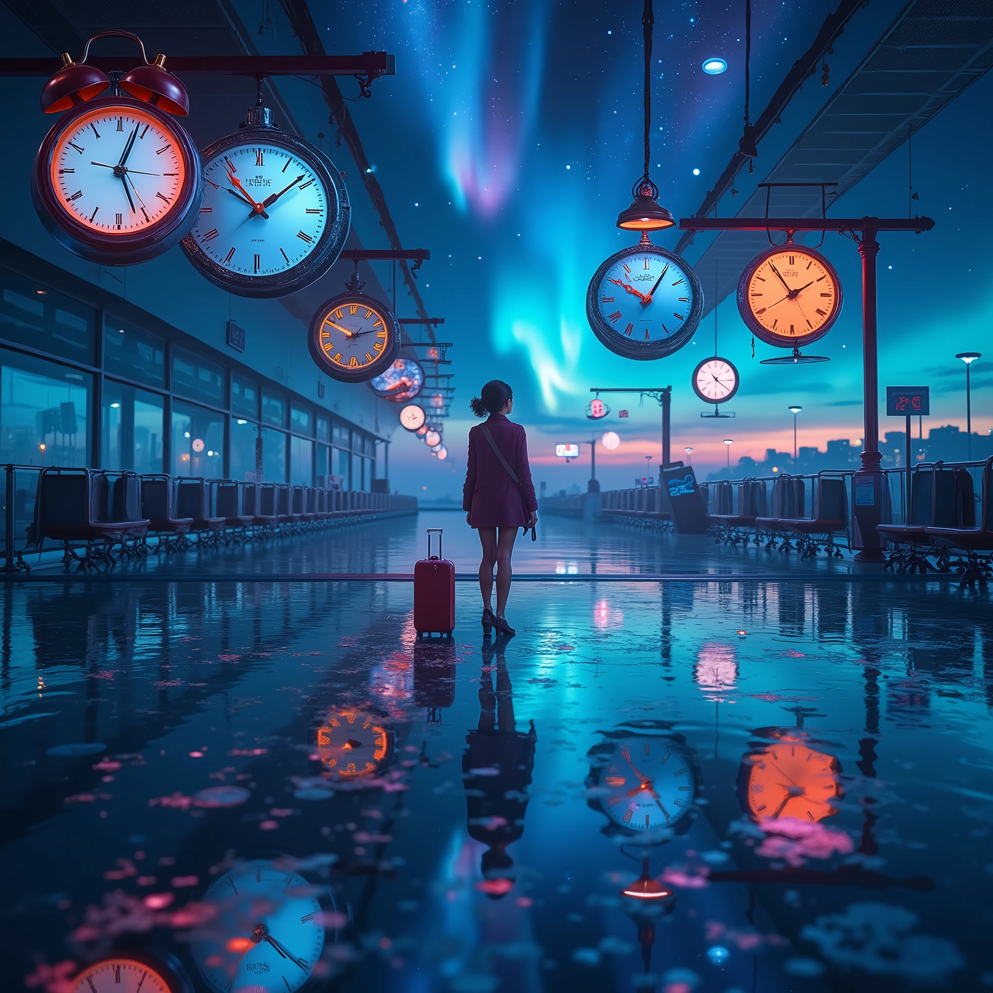 Masterpiece, top quality, a vibrant, very aesthetic.
A solo traveler in an empty airport at dawn.
Around her, floating clocks display different times, and the ceiling lights blend with the northern lights.
Her reflection on the floor shows the same woman… but dressed in a different era (the 1980s or future).
Sensation: broken time, loneliness, transition between worlds.